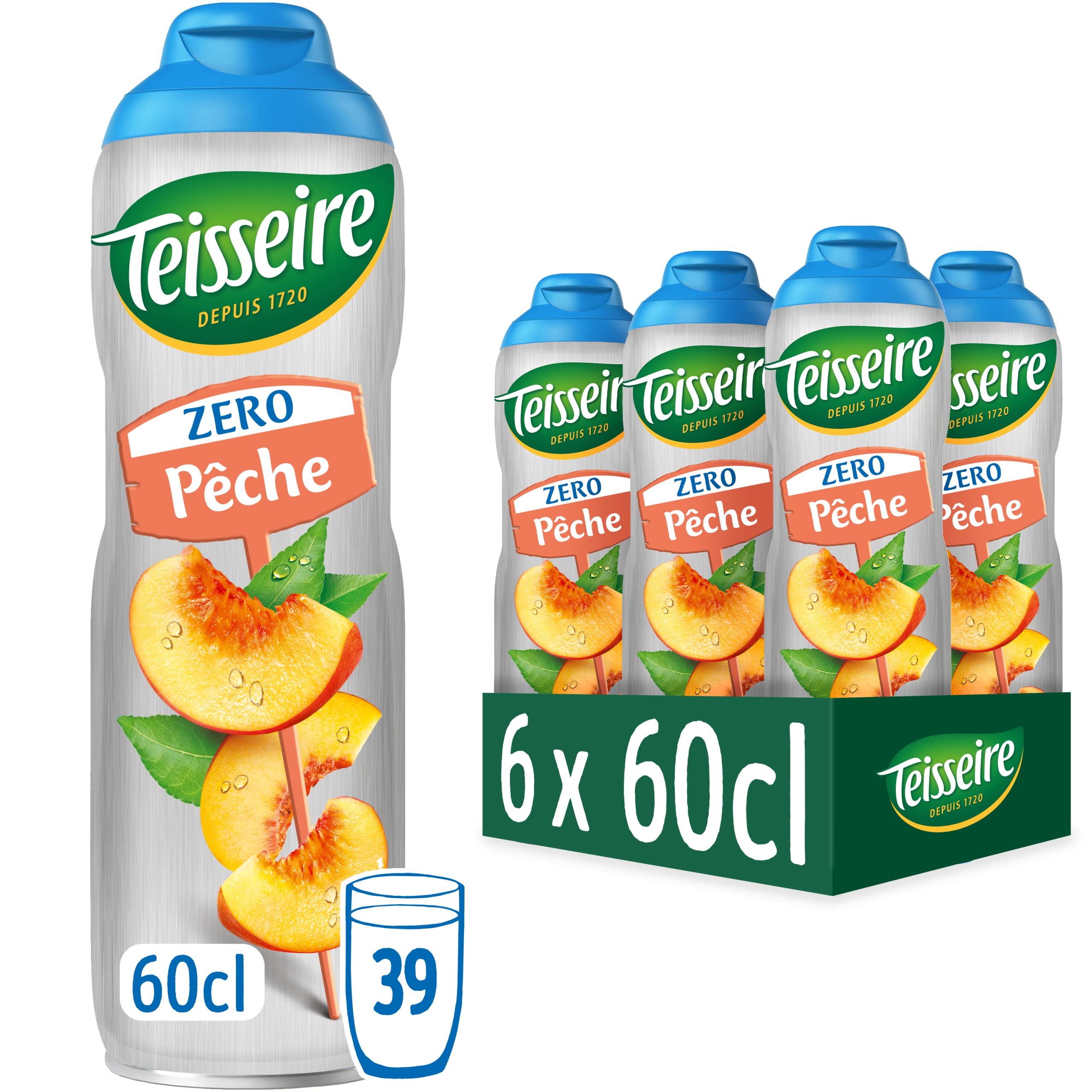 Teisseire Zéro Sucre, Sirop Pêche pour Boisson Rafraîchissante, Cocktails, Bidon (Pack de 6)