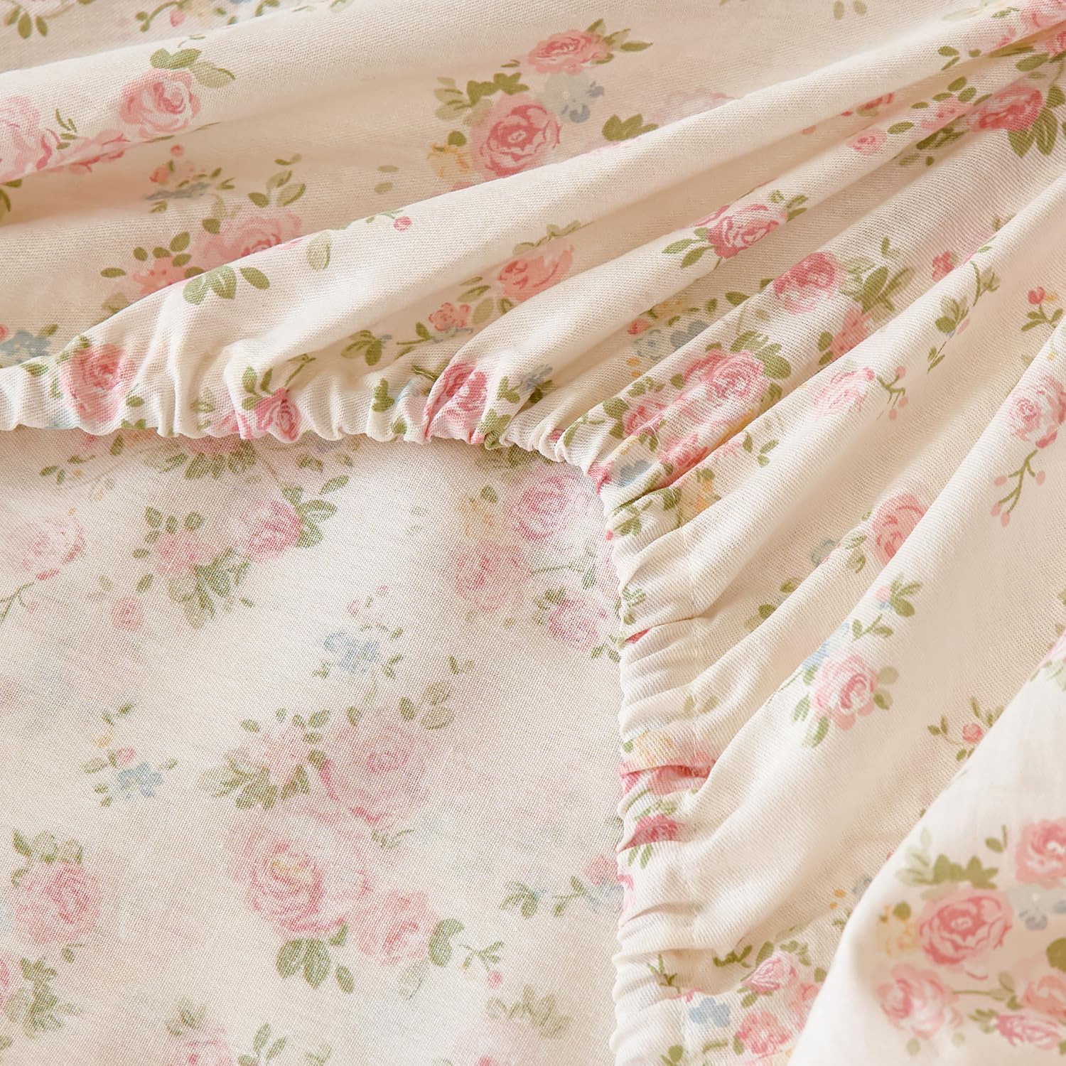 Zusbest Floral Sheets Queen Size 100% Cotton Pink Bed Sheet Set, Soft Breathable for Hot Sleepers, Shabby-Chic Cottage Rose Flower Pattern Bed Set Deep Pocket 17.5‘’, 4Pcs, Queen