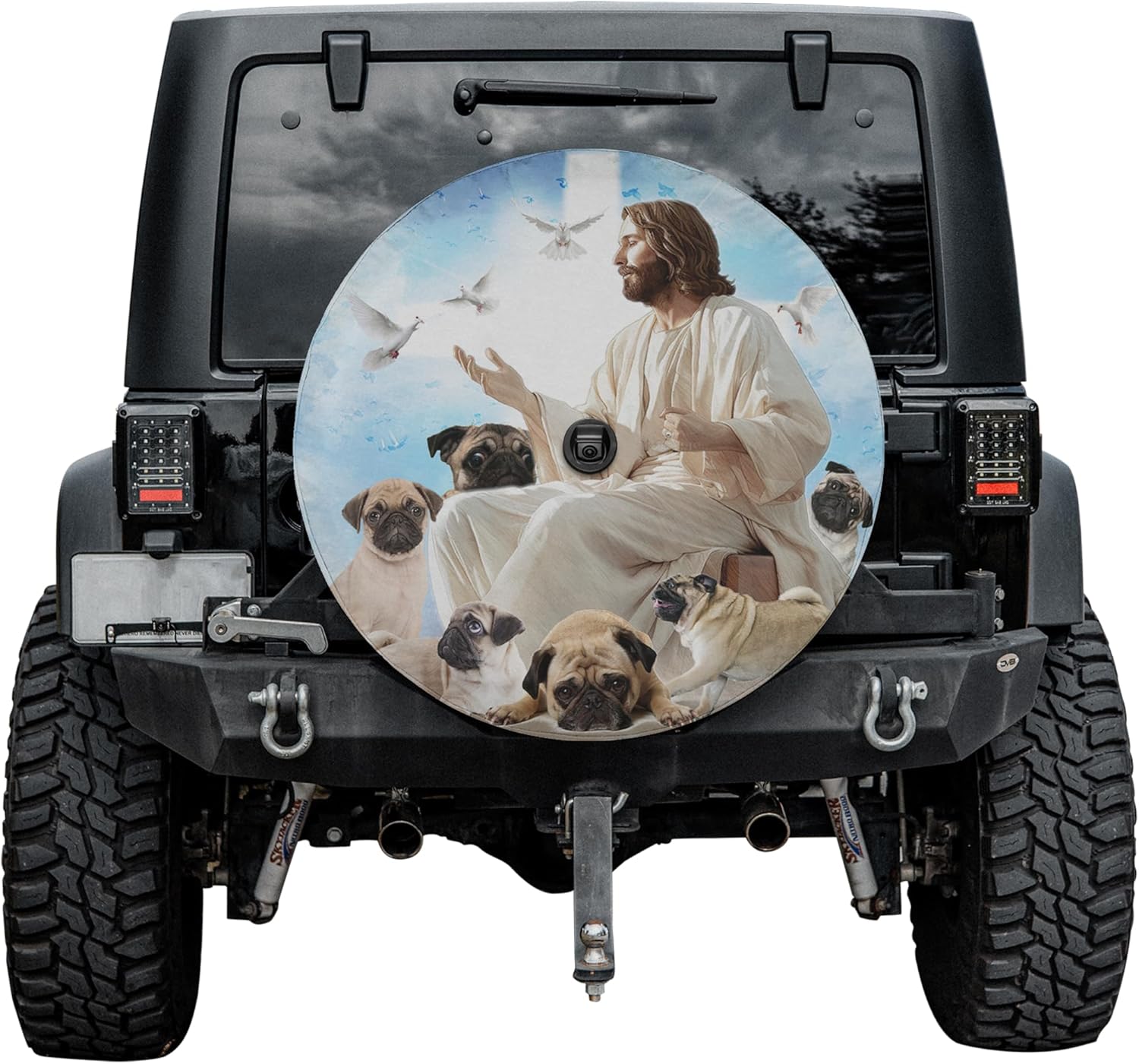 VanLich Shop Jesus Surrounded by Pug Dogs Spare Tire Cover with/Without Backup Camera Hole – Christian Faith Pug Wheel Cover Protector