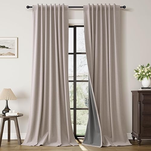 Guken Cortinas opacas de lino, 2 paneles rústicos, elegantes, 100% opacas, con aislamiento térmico, banda de ganchos y trabilla trasera, 52 x 84
