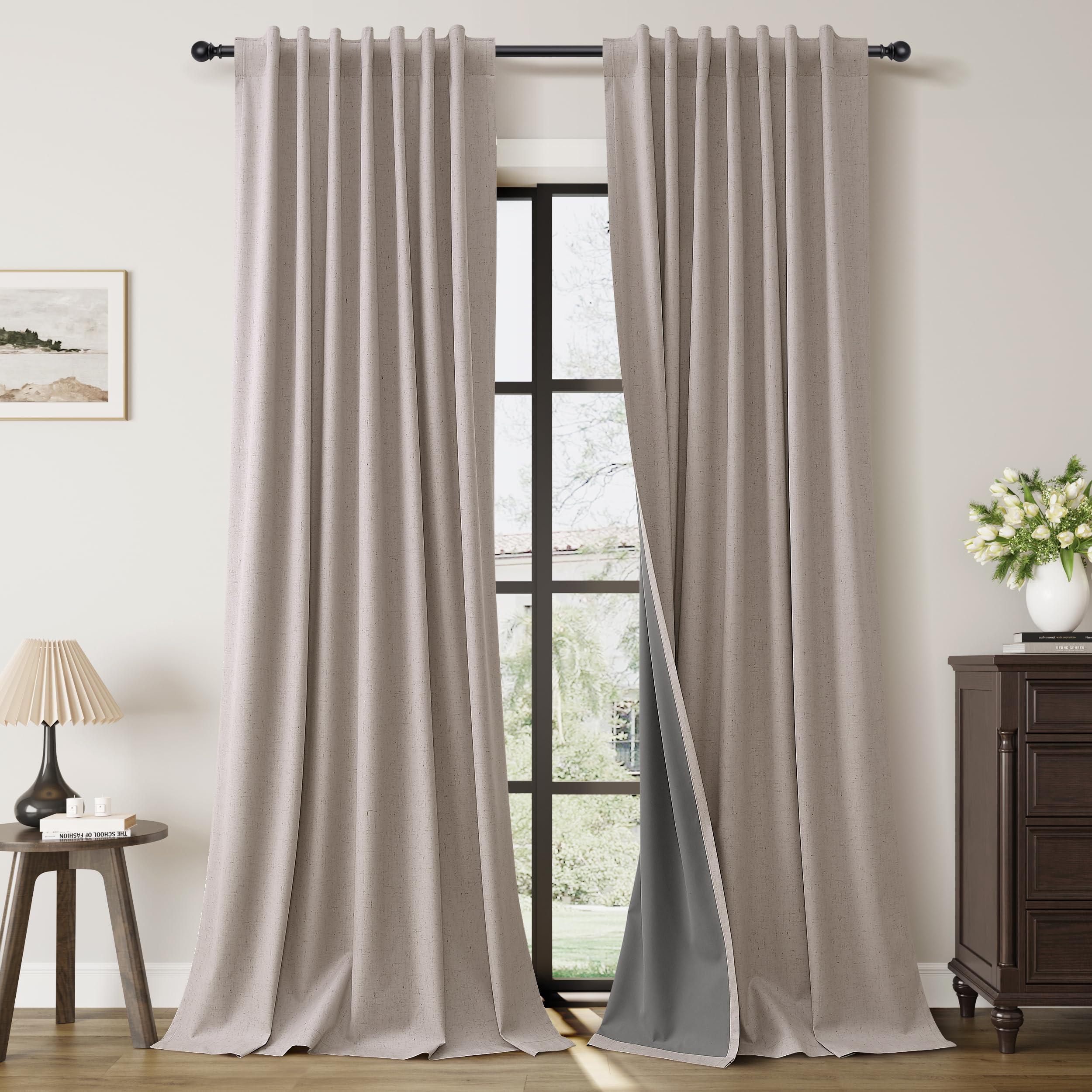 Rideaux occultants en lin Guken abricot 132x243 cm pour fenêtres de chambre