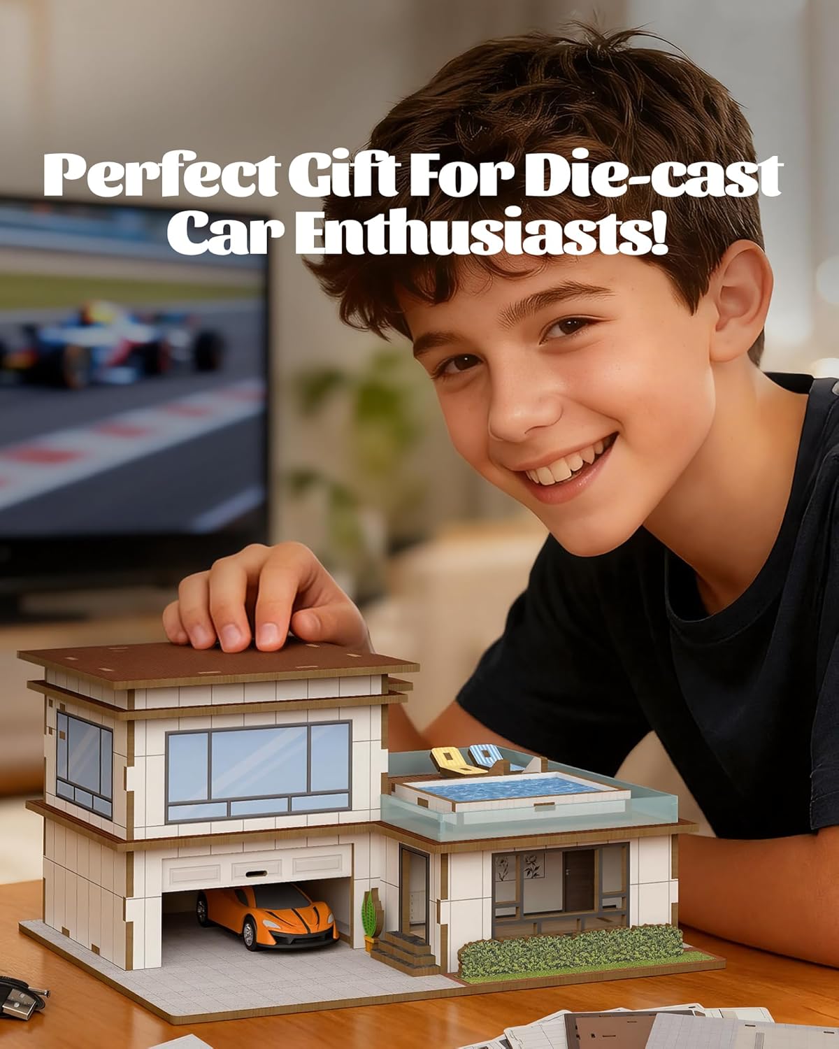 1/64 Wooden Diorama Kit for Diecast Car, Display Case Garage Compatible with Hot Wheels, Built-in LED Lights, Maximum 3 Car Capacity (Villa)