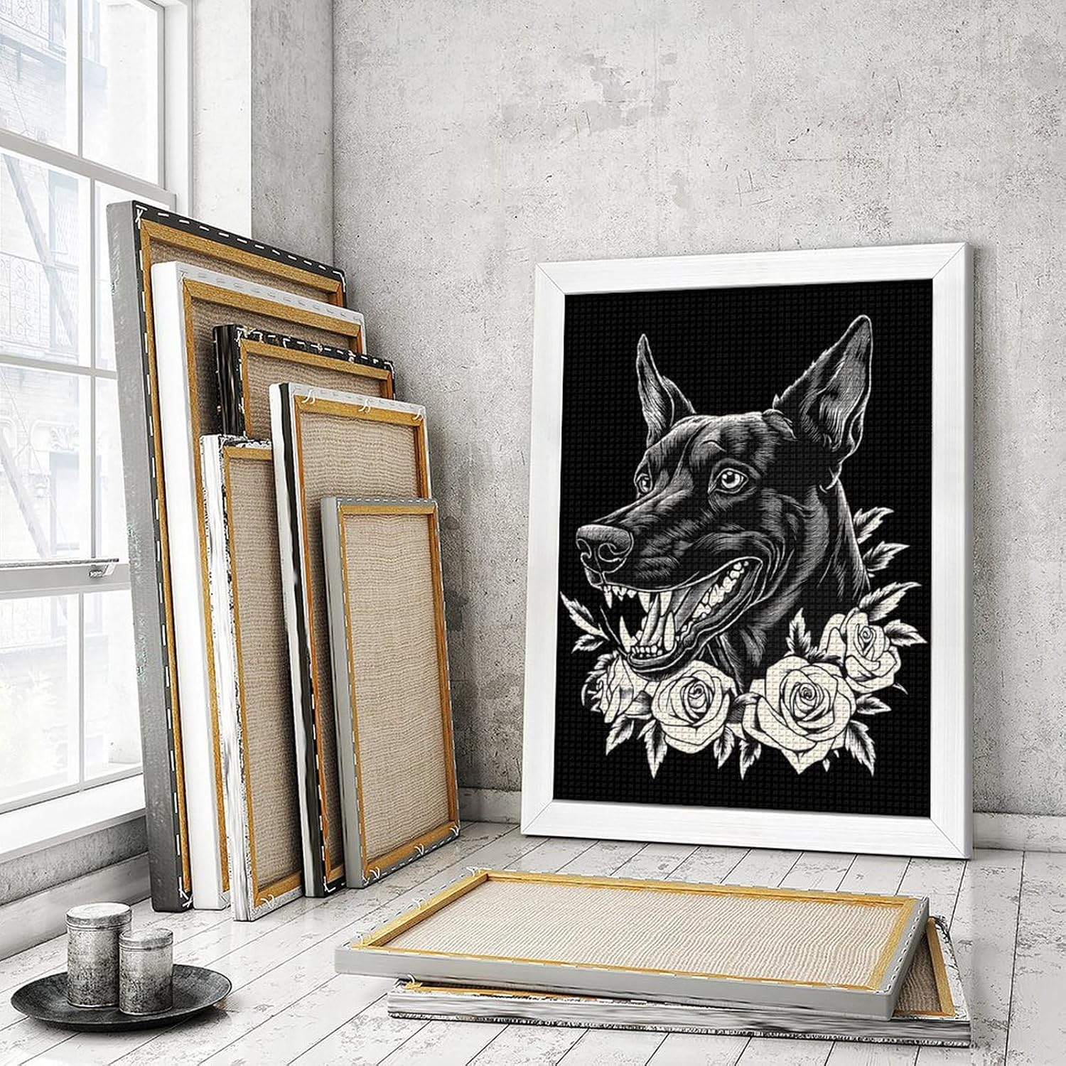 Doberman Dog And Roses Diamond 5D Painting Kits with Frame DIY Full Round Drill Gem Art Crafts for Home Wall Decor 16 X 20in White Wood 40 * 50cm
