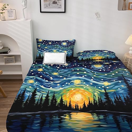 Miniatura 2 de Starry Night Sábanas tamaño individual XL, sábanas de bosque, sábanas y fundas de almohada estampadas de 3 piezas, sábana bajera ajustable de