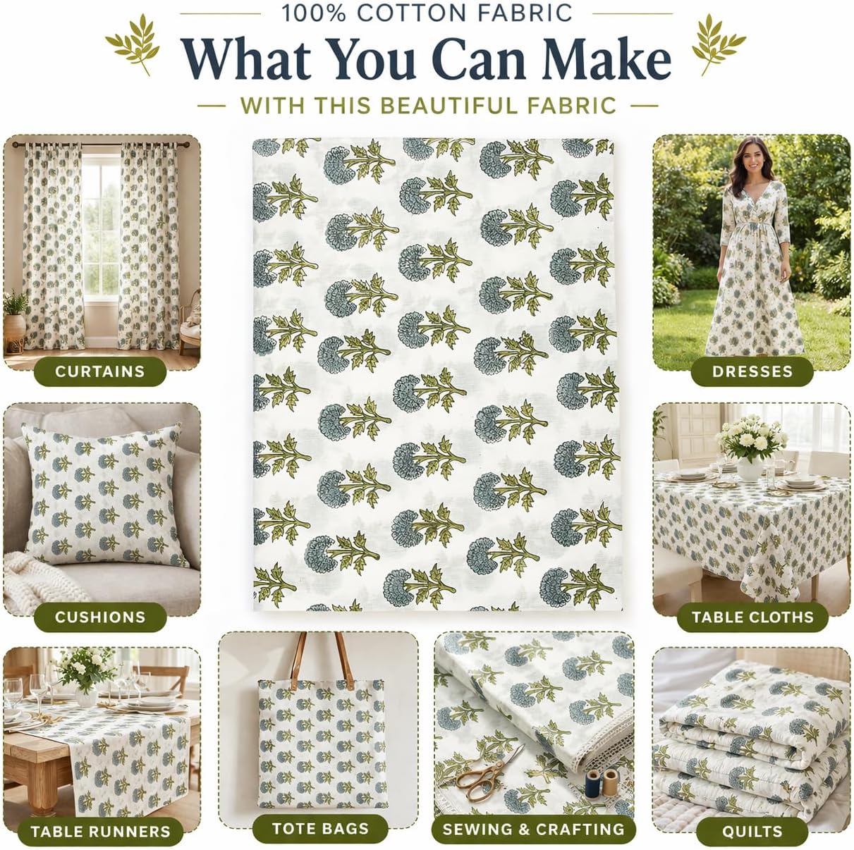 Hand Block Printed Cotton Fabric by The Yard - 100% Pure Cotton 5 Yard Blue & Green Floral Pattern 44" Width Machine Washable Handmade Bohemian Style Uses for Sewing & DIY Dress