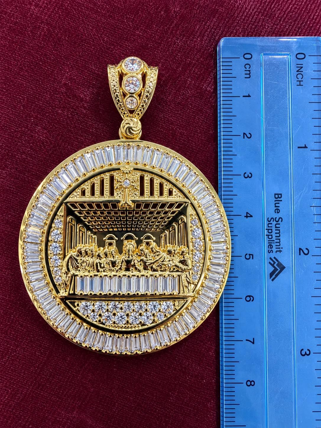 TGDJ 10K Solid Yellow Gold Last Supper Jesus Religious Pendant 3” Extra Large CZ Religious Medallion Christian Jewelry for Men
