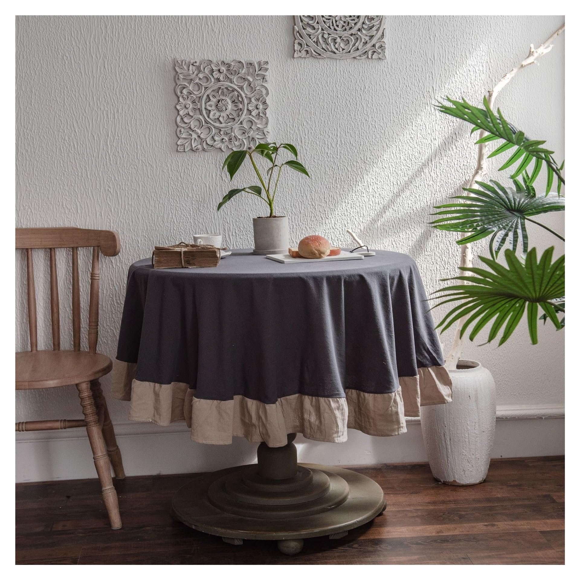 DYYEUAVT Ruffled Gray Round Dining Tablecloth