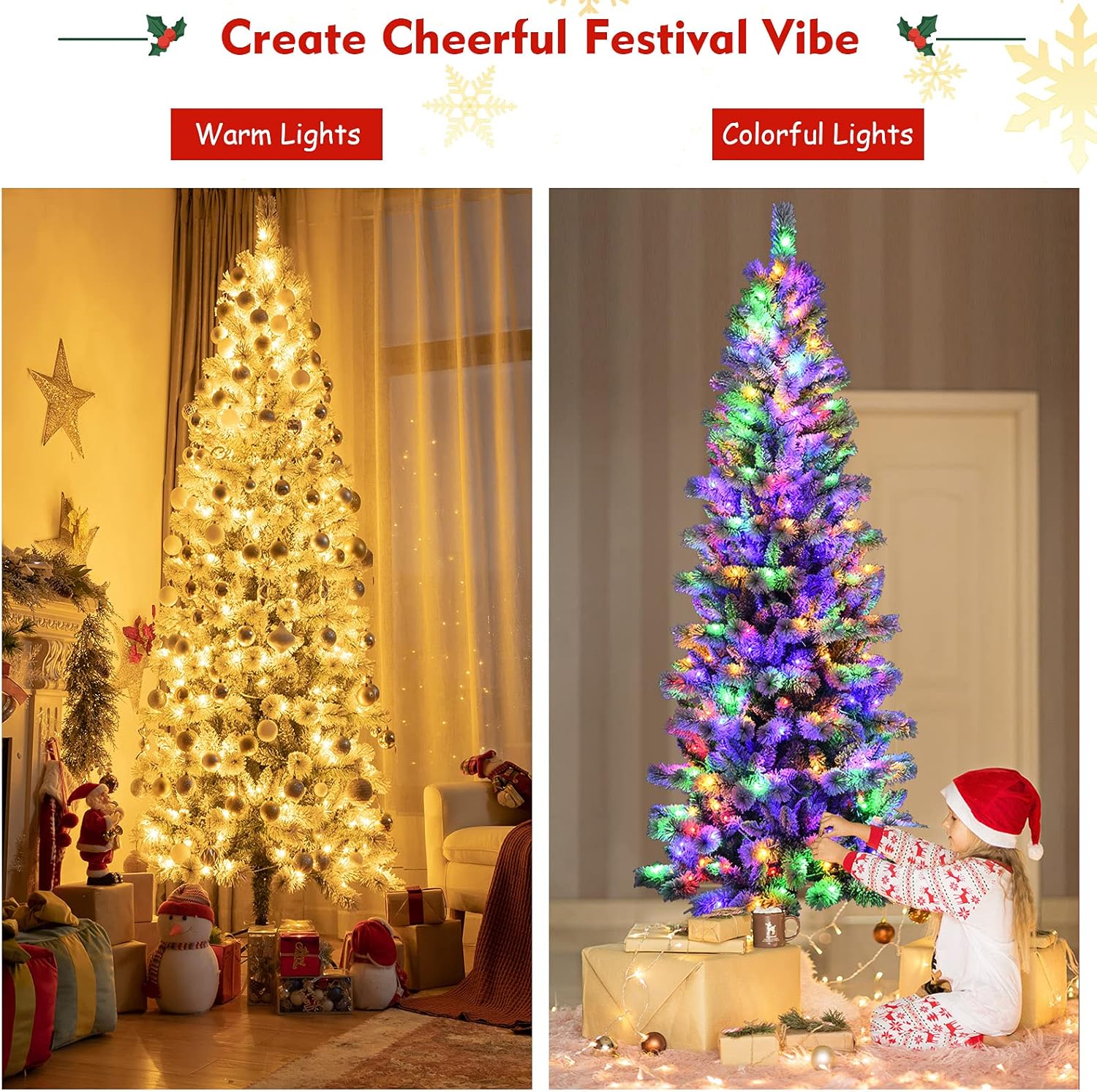 DORTALA Pre-lit Pencil Christmas Tree, 8FT Snow Flocked Skinny Artificial Xmas Tree with Remote, 795 Branch Tips, 350 Warm White & Multi-Color LED Lights, 9 Lighting Modes, Metal Stand, White
