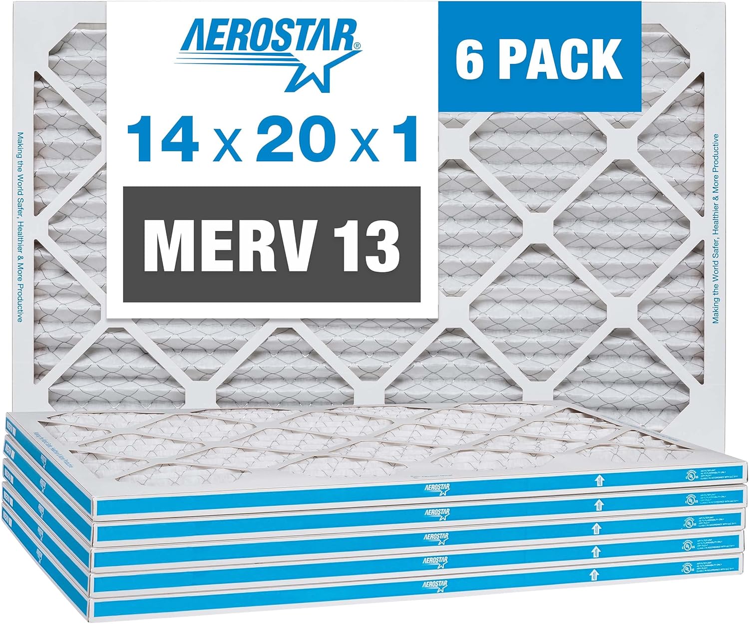 Aerostar 14x20x1 MERV 13 Pleated Air Filter, AC Furnace Air Filter, 6 Pack (Actual Size: 13 3/4"x 19 3/4" x 3/4") & 12x12x1 MERV 8 Pleated Air Filter, AC Furnace Air Filter, 6 Pack