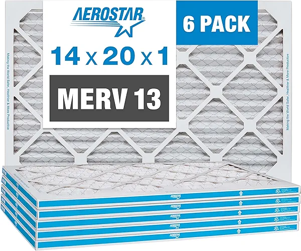Aerostar 14x20x1 MERV 13 Pleated Air Filter, AC Furnace Air Filter, 6 Pack (Actual Size: 13 3/4"x 19 3/4" x 3/4")