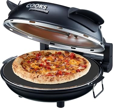 Cooks Professional Electric Pizza Oven with 31cm Stone Base, Glass Window, Timer, Stainless Steel Paddles & Baking Sheet | Energy Efficient Portable Countertop Pizza Maker Machine 1200W | Black
