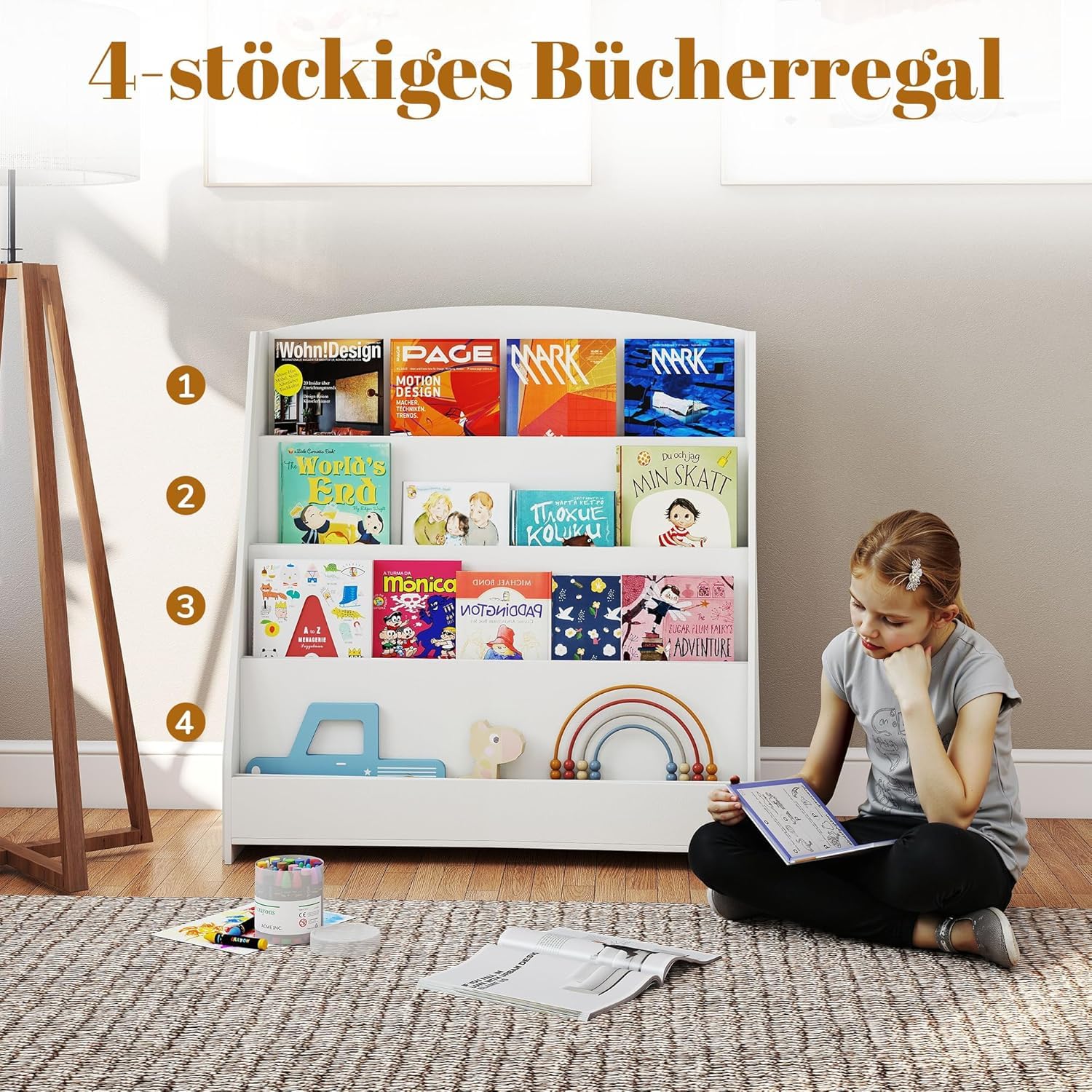 4 Ebenen Bücherregal Kinder Montessori – 88cm Höhe fürs Kinderzimmer | Kinderfreundlich, Leicht greifbar, Lesefördernd, Stauraumstark, Offen