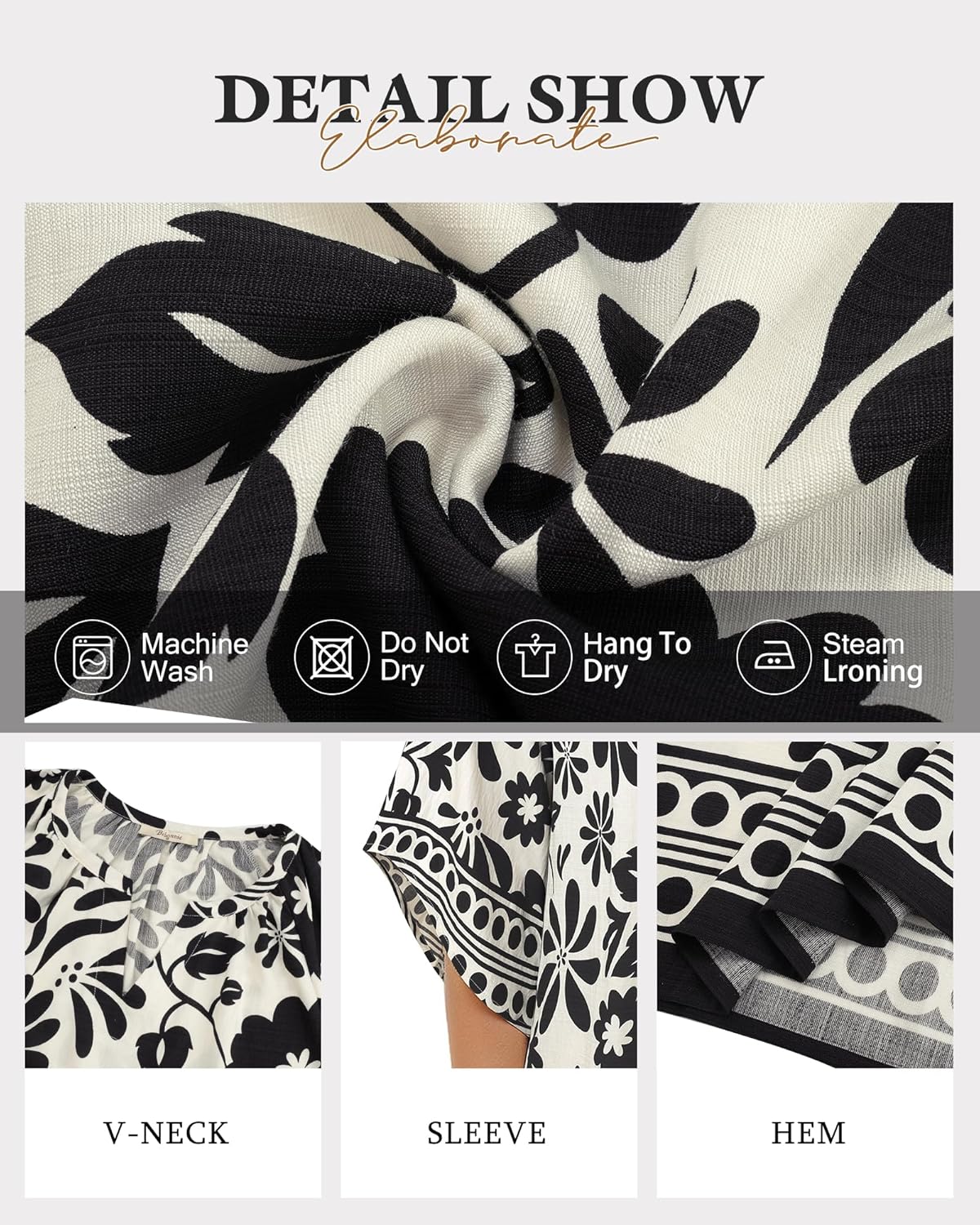 Bebonnie Womens 3/4 Sleeve V Neck Bohemian Peasant Blouses Casual Loose Fit Tunic Tops - Image 5