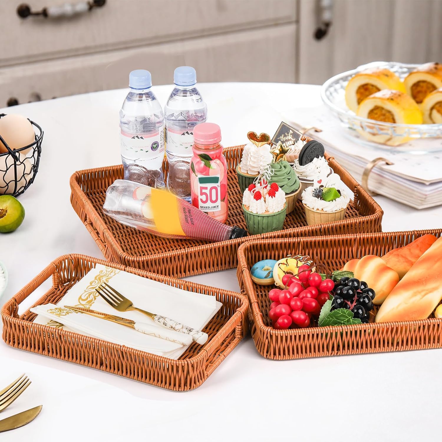 Yarlung 3 Pack Woven Baskets Serving Trays with Handles, Plastic Wicker Bread Baskets Rectangular Platters for Fruit, Vegetables, Breakfast, Snacks, Dining Coffee Table, 3 Sizes