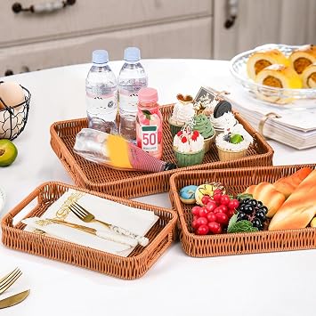 Yarlung 3 Pack Woven Baskets Serving Trays with Handles, Plastic Wicker Bread Baskets Rectangular Platters for Fruit, Vegetables, Breakfast, Snacks, Dining Coffee Table, 3 Sizes