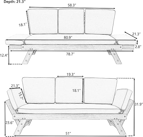 Miniatura 2 de Harper & Bright Designs Sofá convertible al aire libre con reposabrazos ajustable, sofá de madera maciza para patio con cojines, acabado