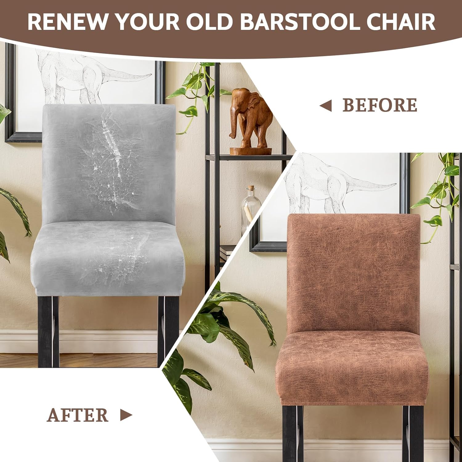 FUANGUI Bar Stool Covers Set of 4, Stretch Removable Bar Stool Seat Covers with Backs Slipcovers, Bar Chair Covers Square for Kitchen Dining Room Cafe