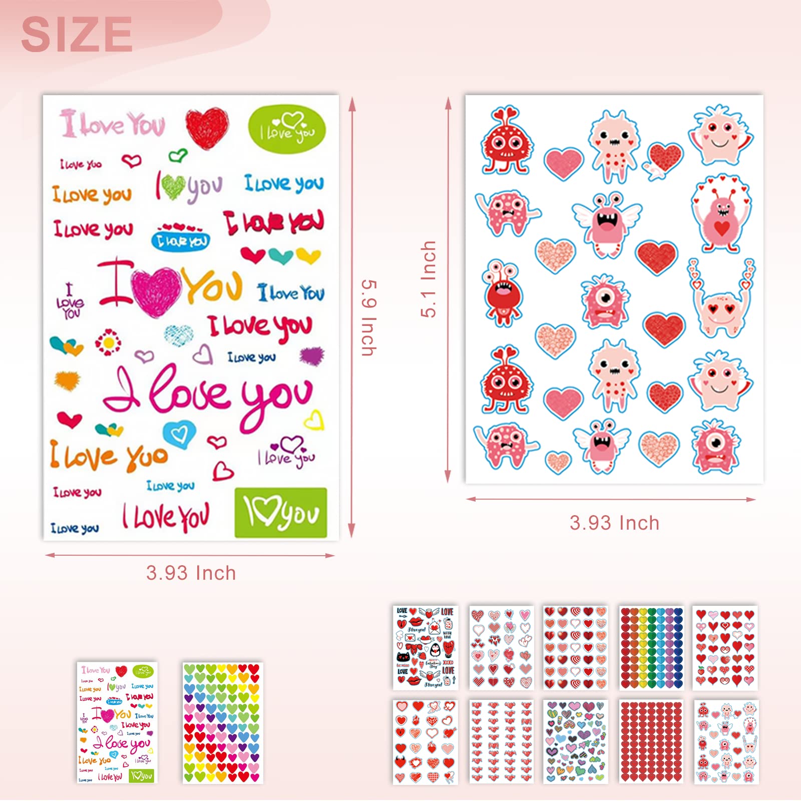 kortes 72-Sheets Valentines Heart Stickers with 12 Different Designs of 3642 pcs, Valentine's Day Stickers Party Supply Classroom Reward for Kids, Pack 03