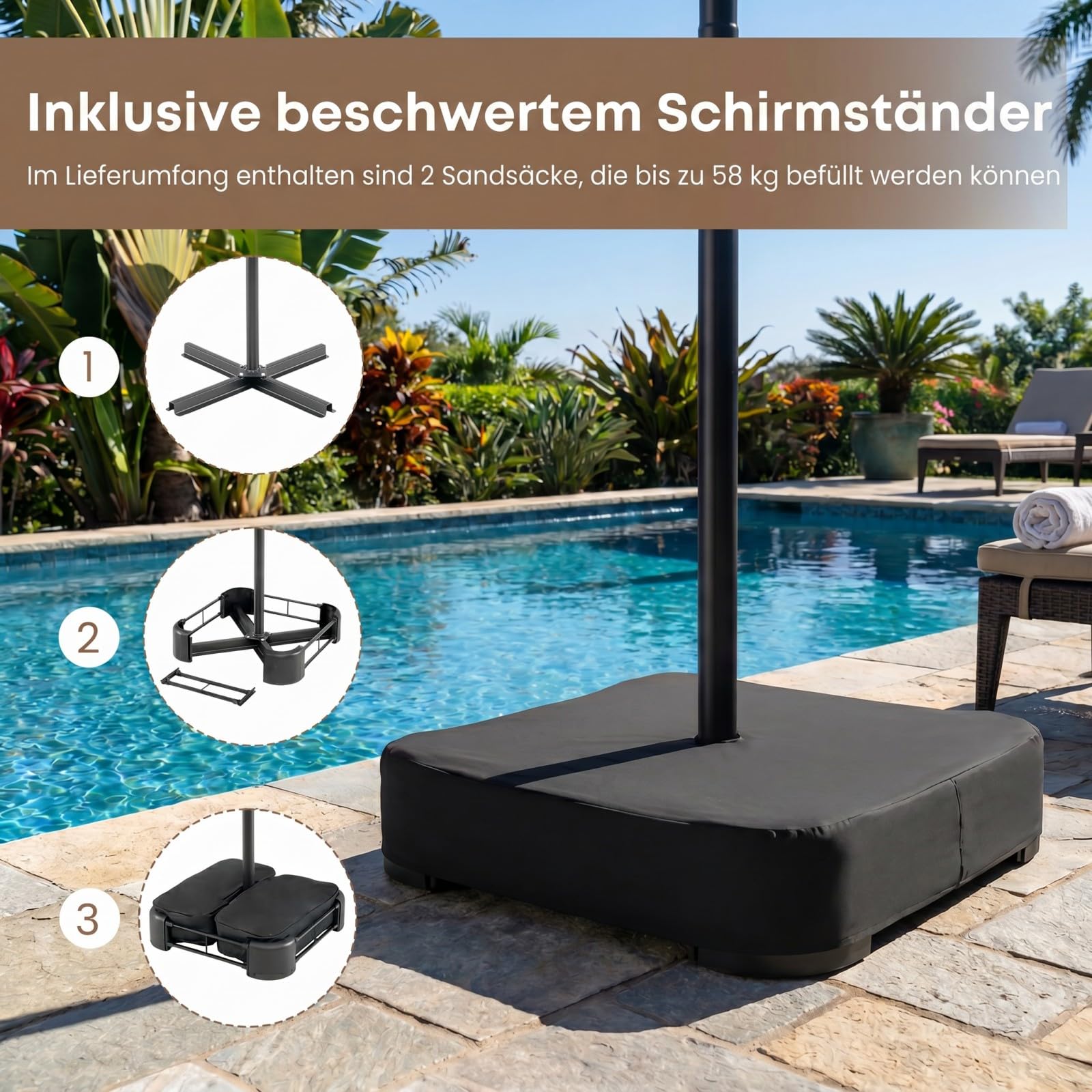 COSTWAY Podwójny parasol przeciwsłoneczny ze stojakiem i oświetleniem solarnym LED, 450 x 260 cm, Podstawa parasola nie jest dołączona, parasol ogrodowy z korbą, parasol tarasowy, do ogrodu (czerwony)