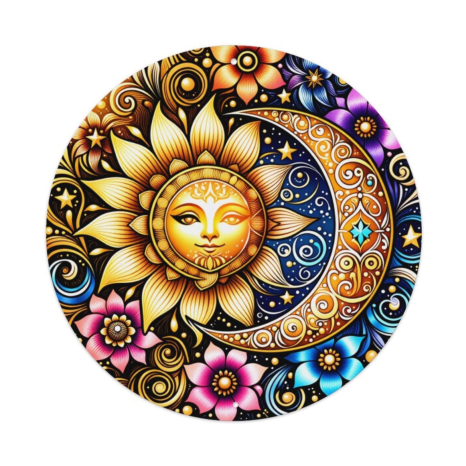 Sun And Moon Floral Pattern With Stars And Swirls Round Vintage Tin Sign,Retro Wall Art,Metal Poster for Home, Bar, Garage, Cafe, Rustic Indoor & Outdoor Decor, 8x8 Inches