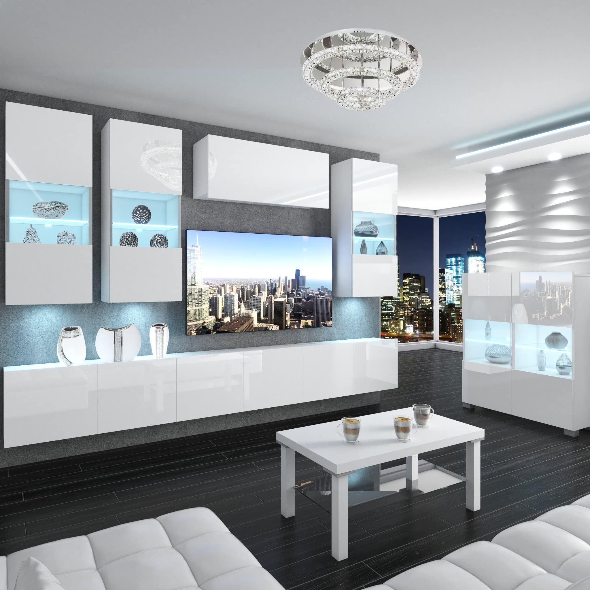 Belini - Set completo da parete per soggiorno, moderno, con illuminazione a LED, colore: Bianco