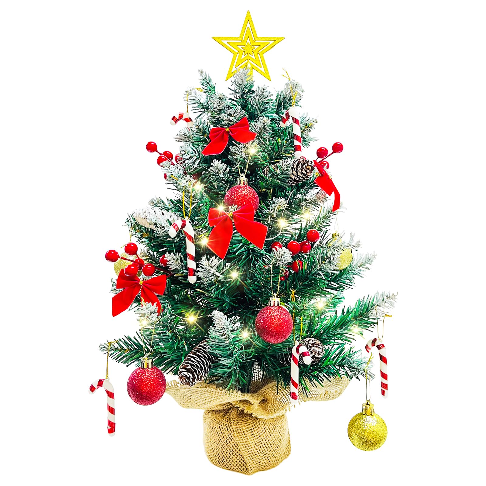 Arbol de Navidad con Luces LED, Arbol Navidad Plegable 60cm, árbol de Navidad, Decoracion de Mesa árboles, Decoración Navideñas Interior DIY Originales con Copa del árbol Piñas Bolas Bastón de Adornos