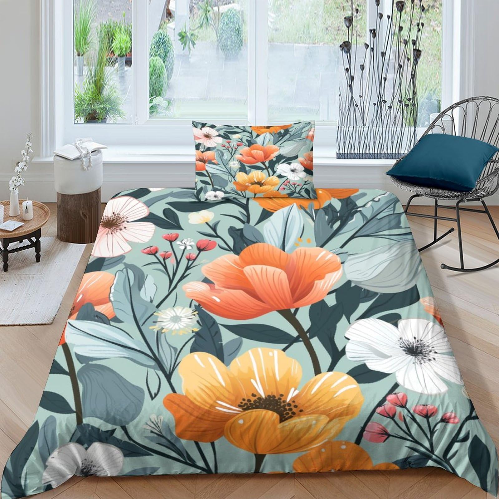 UENDOKRNN Colourful Flower Patterns Duvet Cover Set 3 PCS Hotel Quality Quilt Cover Bed Sets Bed Covers with Pillowcases with Zipper Closure Ultra Soft Anti Allergic Microfiber Single（135x200cm）