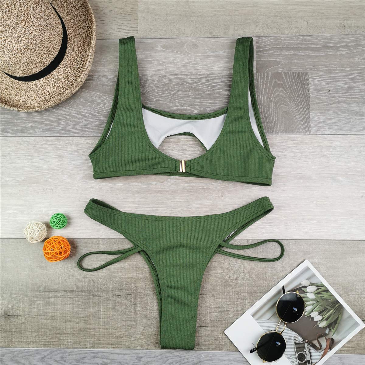 SherryDC Women's Sexy Scoop Neck Padded Cutout Strappy Thong Bikini Set Swimsuit: Army Green Medium