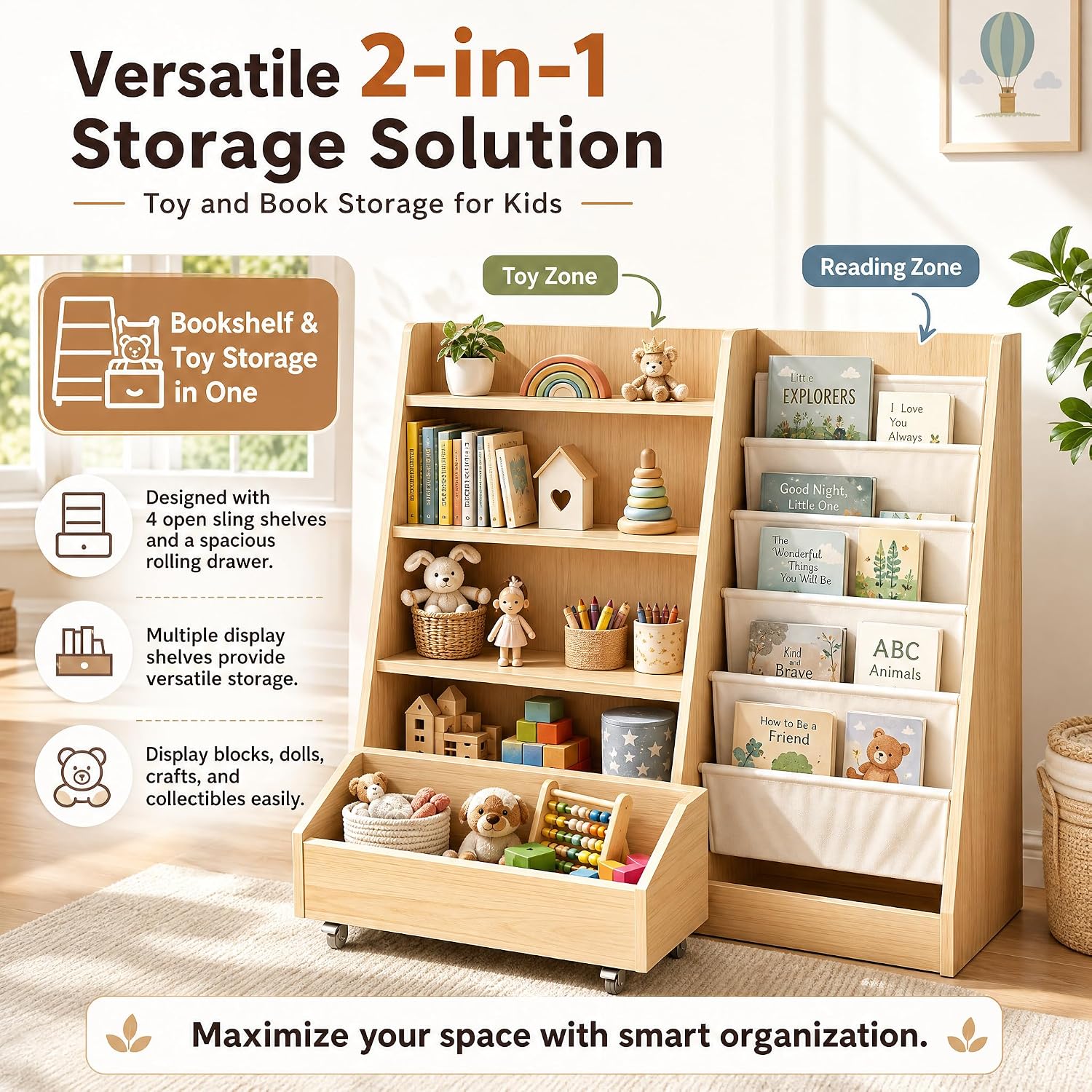 Kids Bookshelf and Toy Storage4 Tier Toddler Book Shelf with Movable Drawer