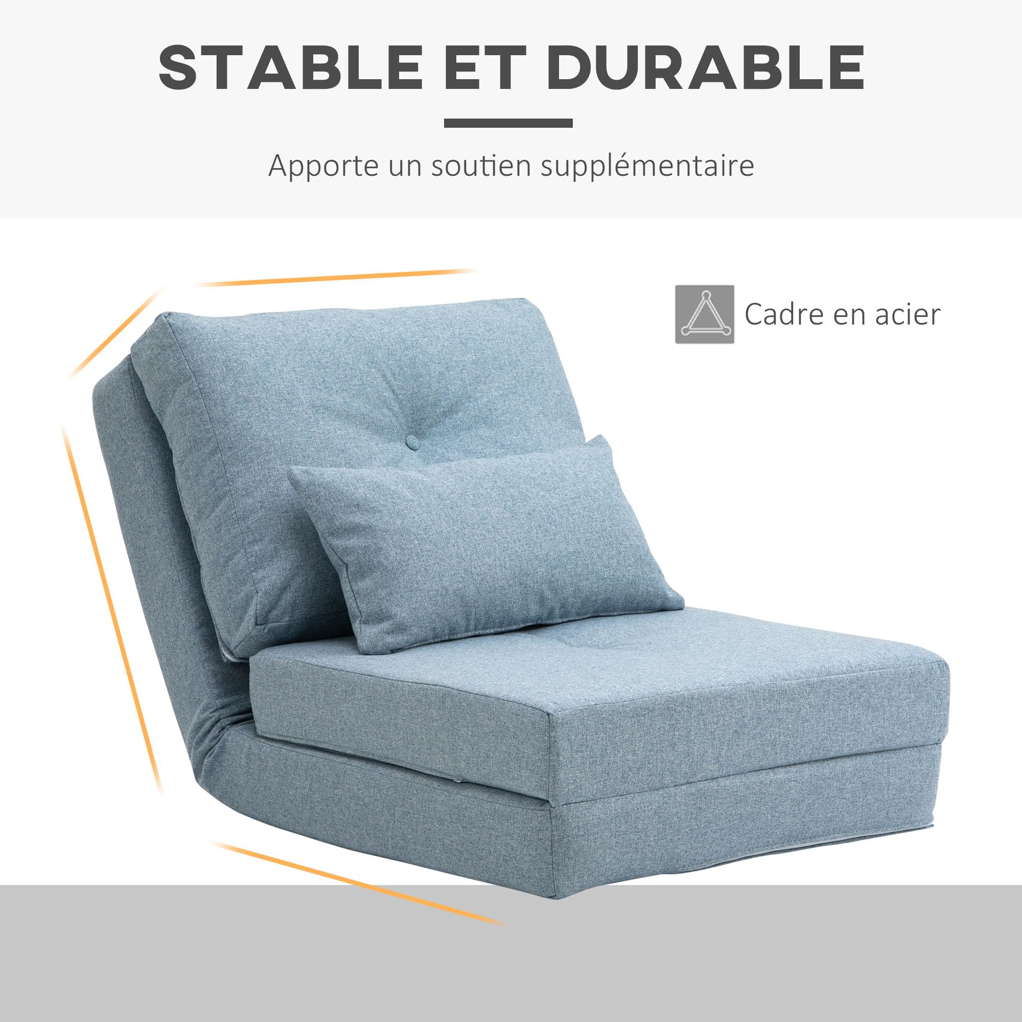 HOMCOM Fauteuil Convertible 1 Place Fauteuil Paresseux lit chauffeuse 1 Place - Coussin Inclus, Dossier réglable - Salon, Charge 120 kg, Tissu Lin Bleu