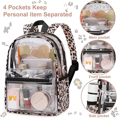 Miniatura 2 de BTOOP Mini mochila transparente, ligera, transparente, pequeña bolsa transparente para escuela, trabajo, deportes, estadio, seguridad, Light Leopard