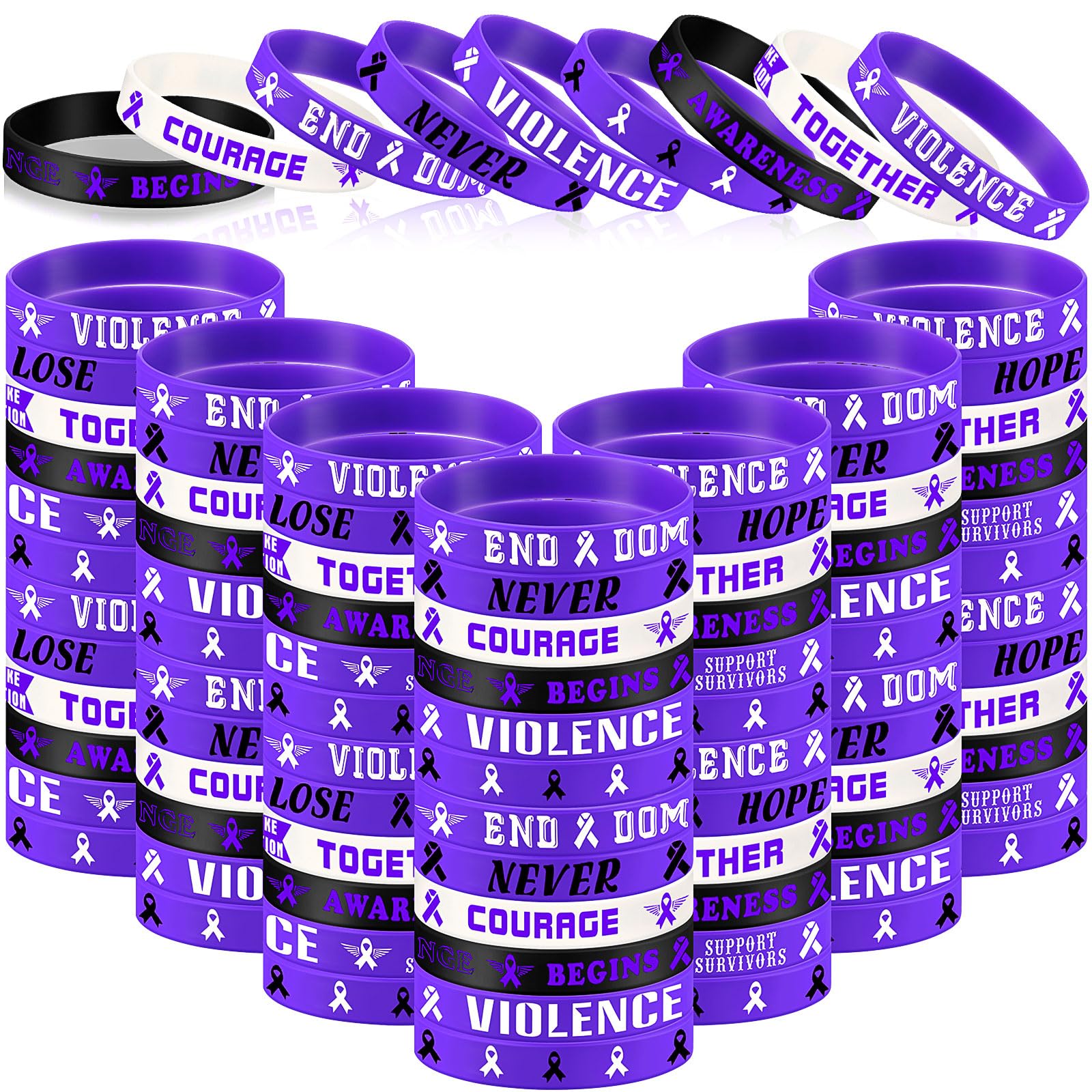 Landical 120 Pcs Domestic Violence Awareness Bracelets Bulk End Domestic Violence Silicone Wristbands Purple Ribbon Awareness Bracelets