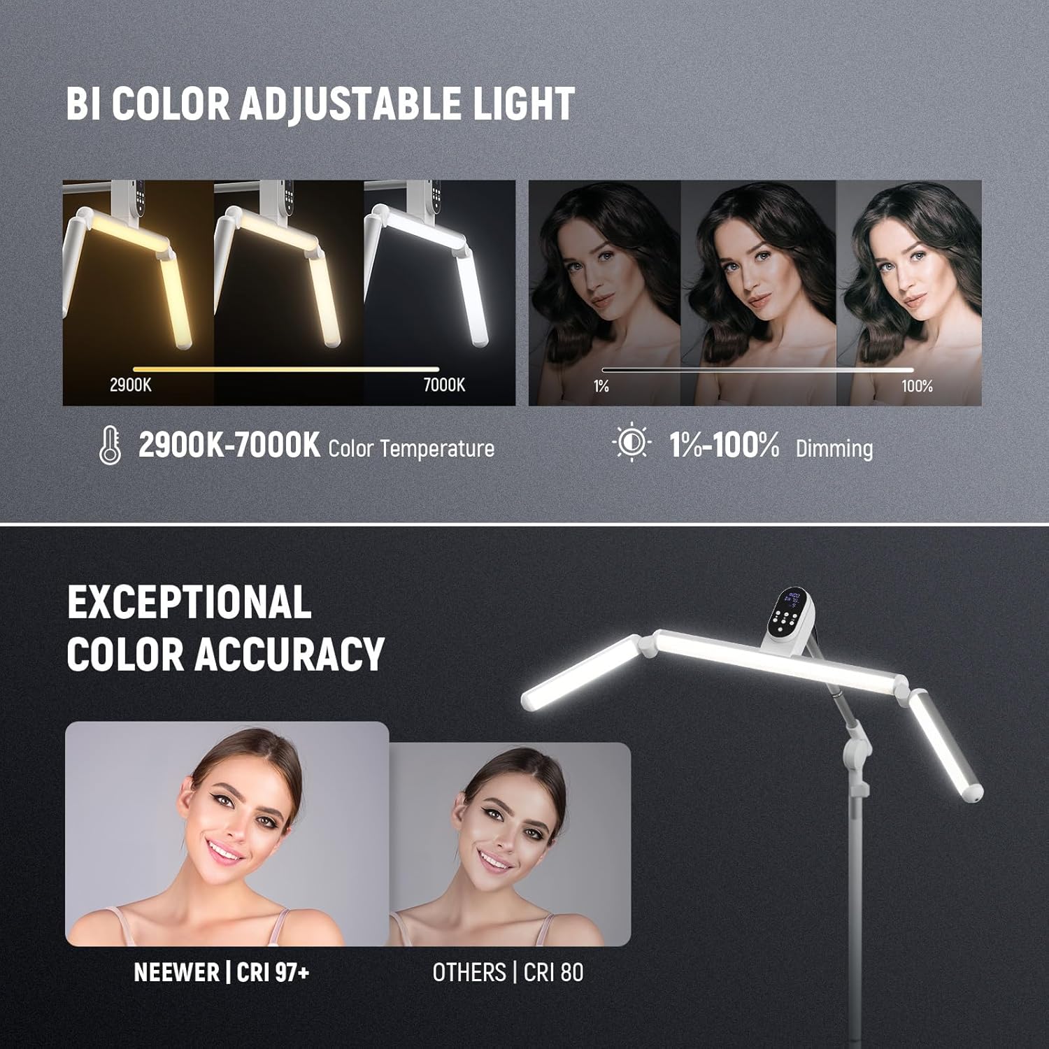 NEEWER 35" LED Lash Light, 50W Foldable, 2.4G Remote, CRI97+ Bi Color 1-100% Dimmable Overhead Half Moon Esthetician Lamp Lighting for Nail Tech Eyelash Extensions Skincare Tattoo Makeup Artist, BH50B
