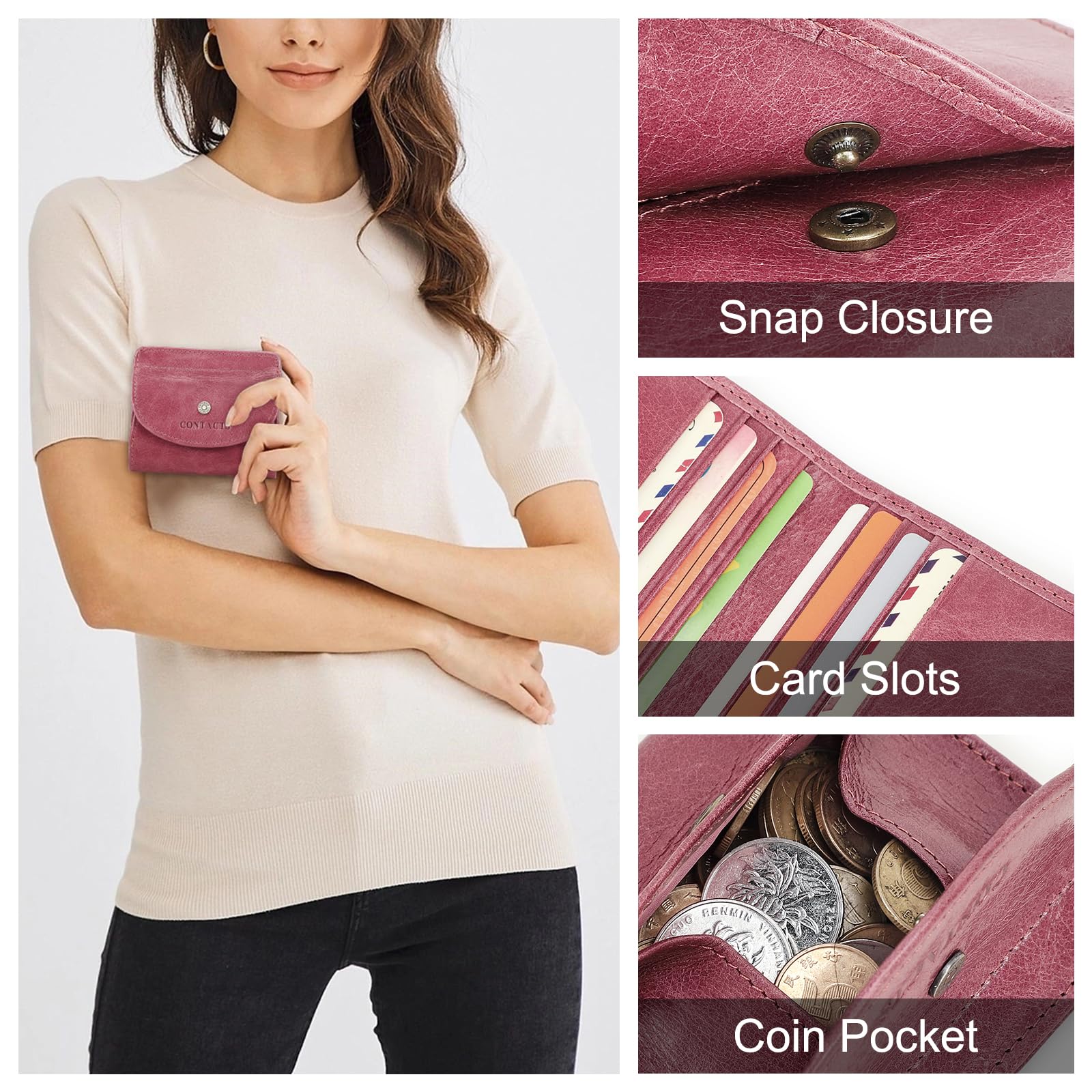 Portefeuille décontracté pour femme 100 % cuir véritable avec poche pour pièces de monnaie pour femme, Beige rose., S, Pochette à monnaie