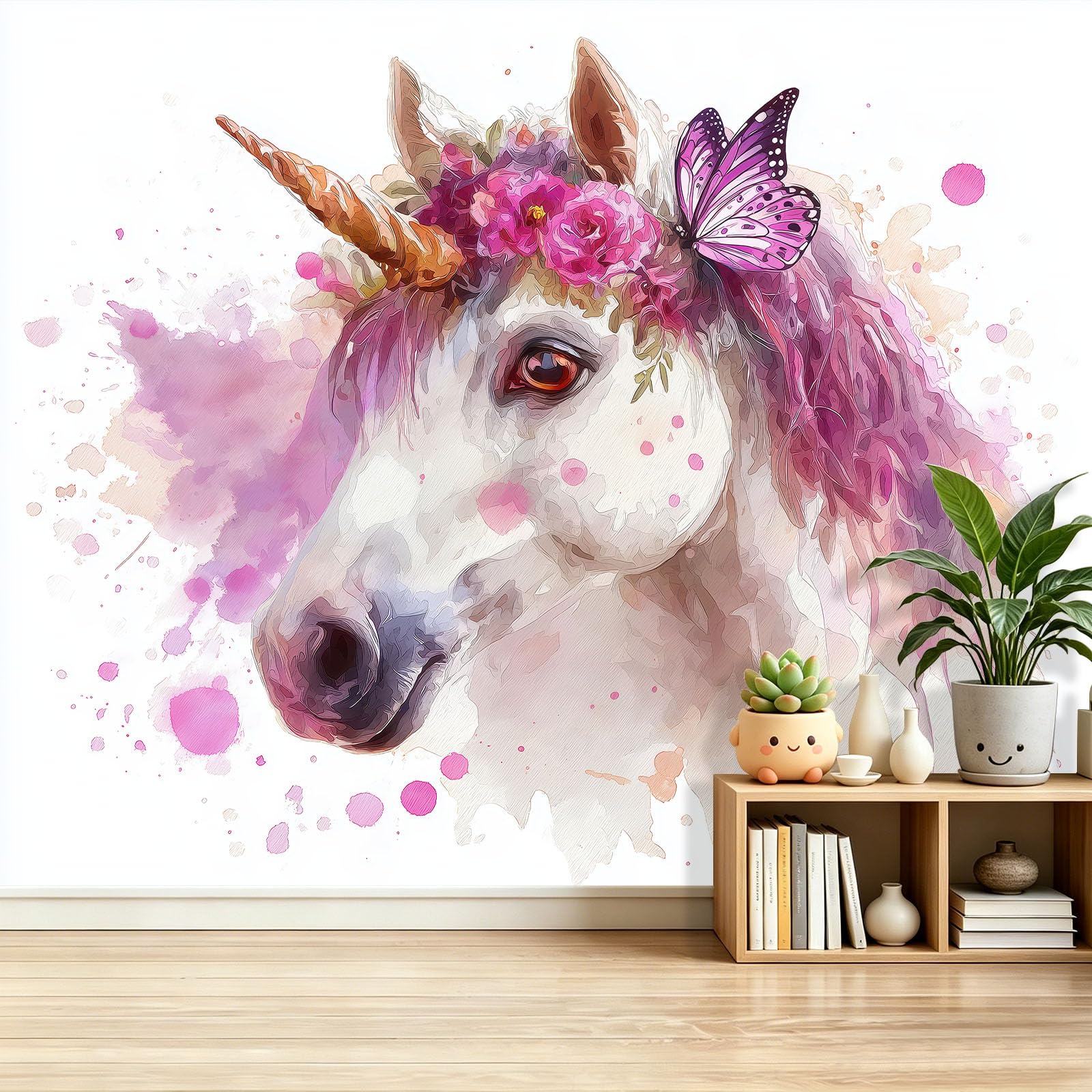 Fototapeta, fantazyjne zwierzęta, 138in x 101in / 350 x 256 cm, włóknina, wysokiej jakości biały jednorożec i żywy wieniec kwiatowy, nadruk, dekoracja domu, DIY, dekoracja, plakat, dekoracja ścienna