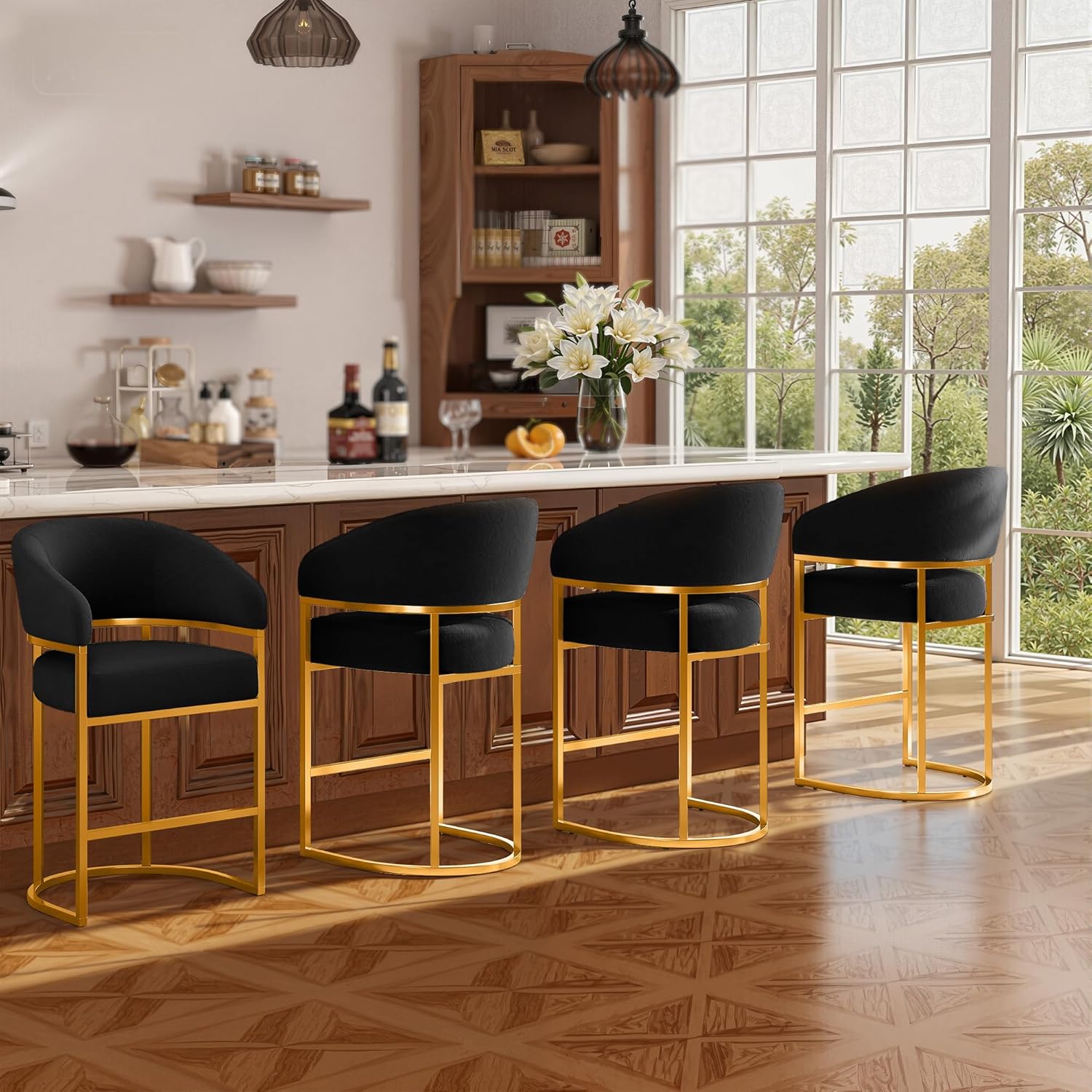 Modern Counter Height Bar Stools,Bar Stools Set of 4,Velvet Fabric Upholstered Barrel Barstools with Backs,26" Kitchen Island Chairs,Metal Gold Frames,Black Velvet