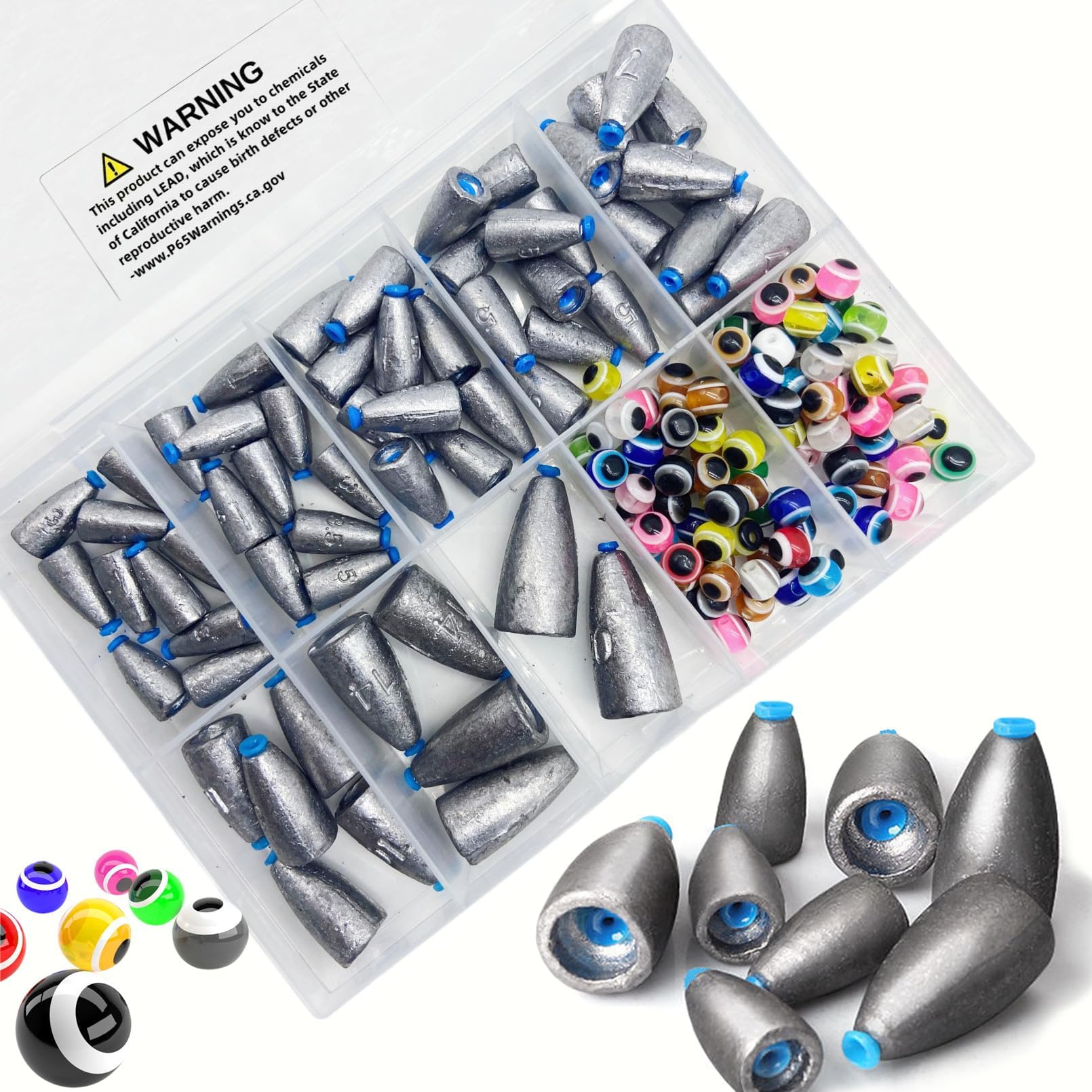 161Pcs/Box Worm Fishing Sinker Weights Kit with Soft Plastic Core(20g,14g,10g,7g,5g,3.5g Mixed, 61Pcs Bullet Lead Fishing Weights, 100 Pcs Eye Beads Bait, Don't Hurt Line Texas Rig