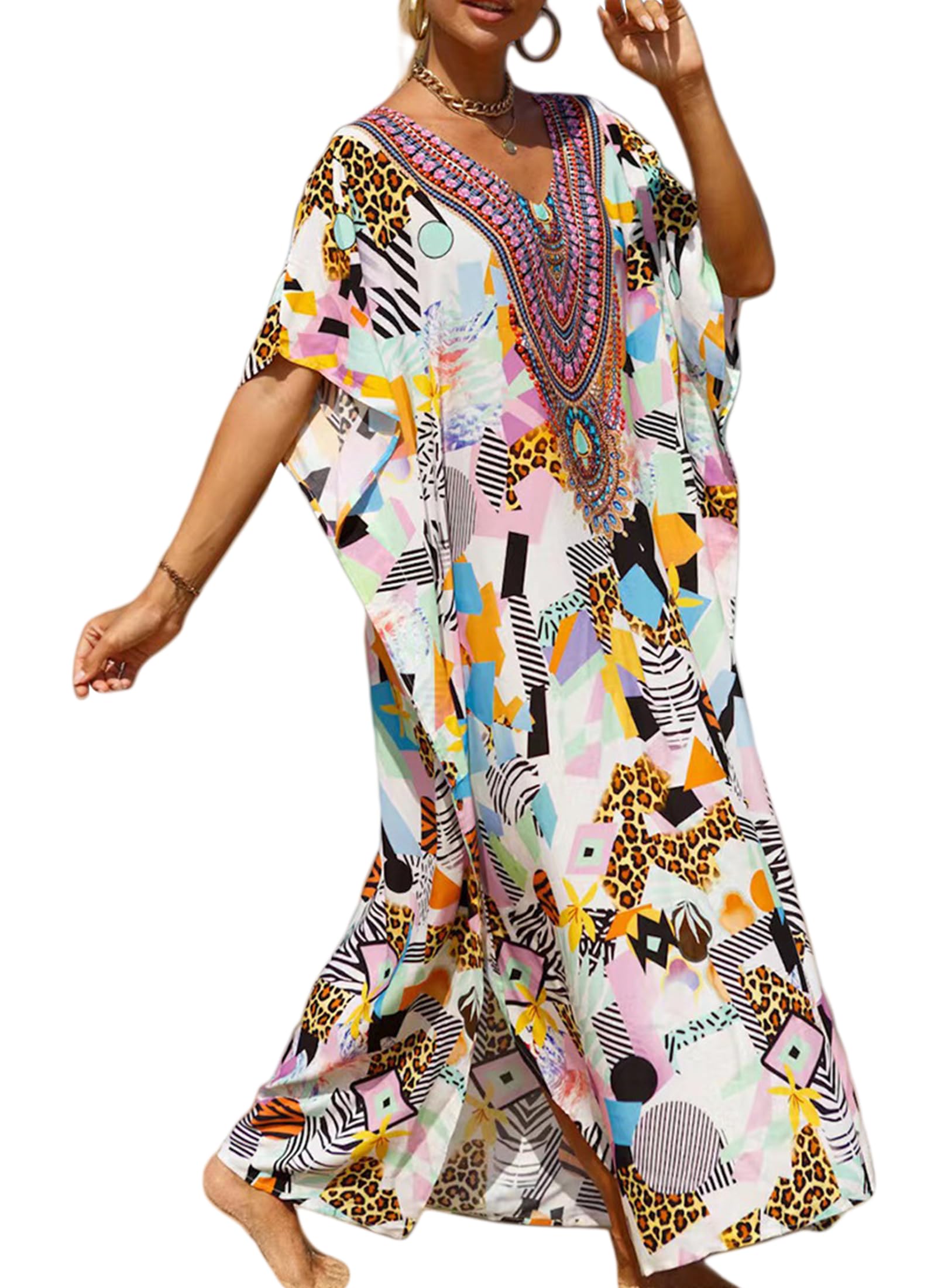 Womens V-Neck Batwing Sleeve Kaftan Dress Lightweight Beach Swimwear Cover Up for Mumu Tropical Vacation