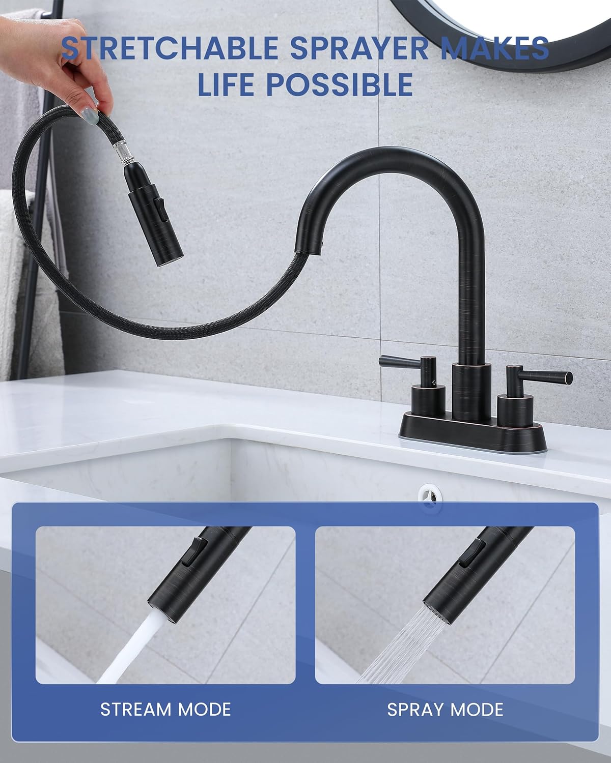Bathroom Faucet with Pull Out Sprayer, Oil Rubbed Bronze Bathroom Faucet 3 Holes, 2 Handle Bathroom Sink Faucet with 360 Degree Swivel Spout, Pop Up Drain Assembly Included