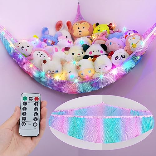 Miniatura 12 de Unicorn Castle Hamaca de red para animales de peluche, almacenamiento de juguetes con luz LED, organizador de juguetes de felpa para colgar