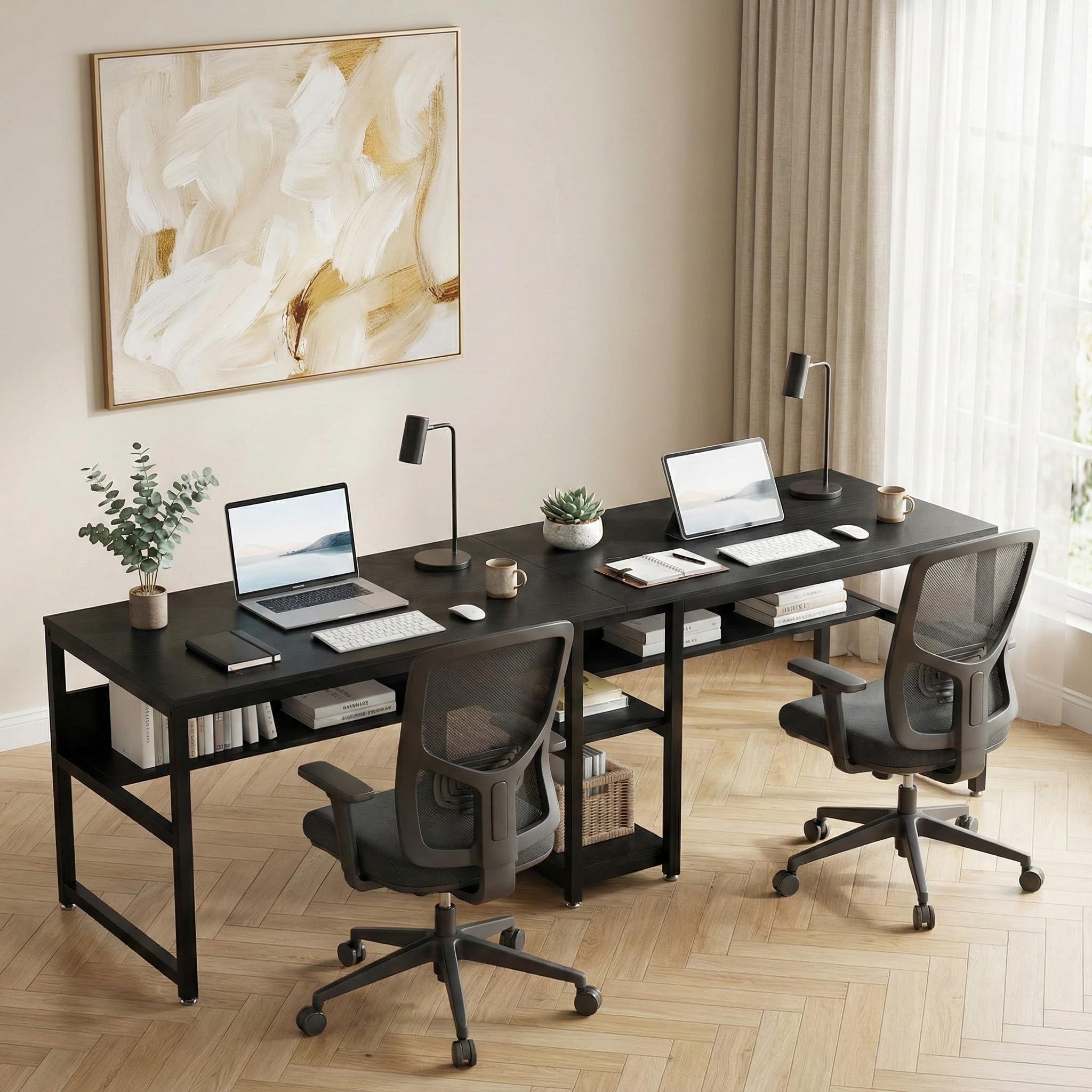 Lailang Tavolo da computer da 79 pollici, doppia scrivania lunga, tavolo da lavoro rustico, tavolo da ufficio con spazio di archiviazione, scrivania per computer, scrivania grande, 79 x 24 x 30
