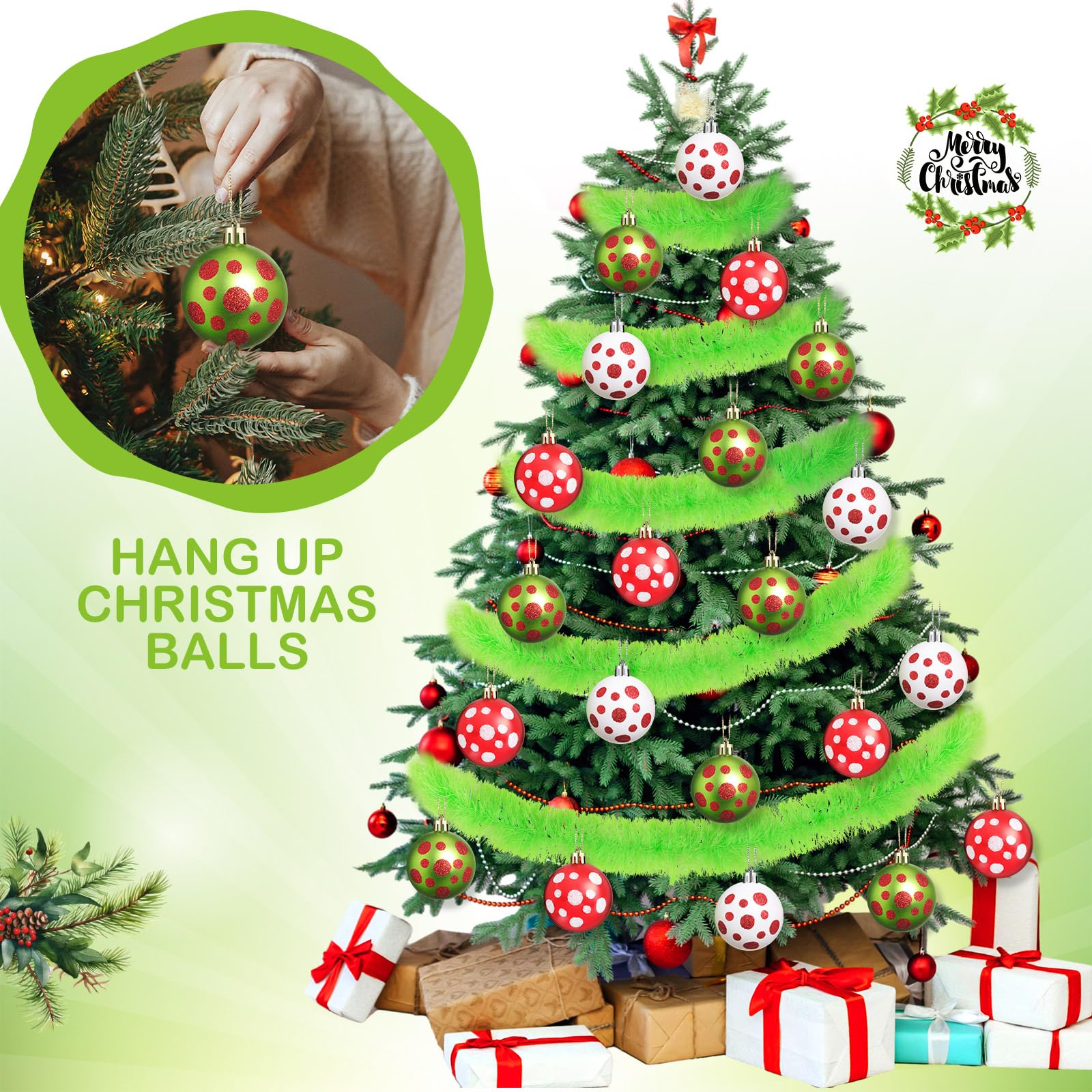 24 esferas de Navidad, adornos rojos y verdes para árbol de Navidad, adornos de 2.36 pulgadas con purpurina de lunares, adornos colgantes para decoración de árbol de Navidad, fiestas de
