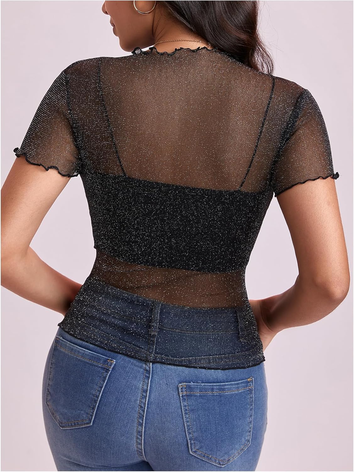 MakeMeChic Women's Mesh Sheer Sparkly Tops Mock Neck Lettuce Trim Short Sleeve Tee Shirt Top - Image 2