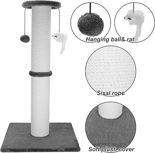 Miniatura 5 de Ahomdoo Poste rascador para gatos de 34 pulgadas de alto, resistente y grueso, cuerda de sisal con bola colgante y ratones, rascador vertical para