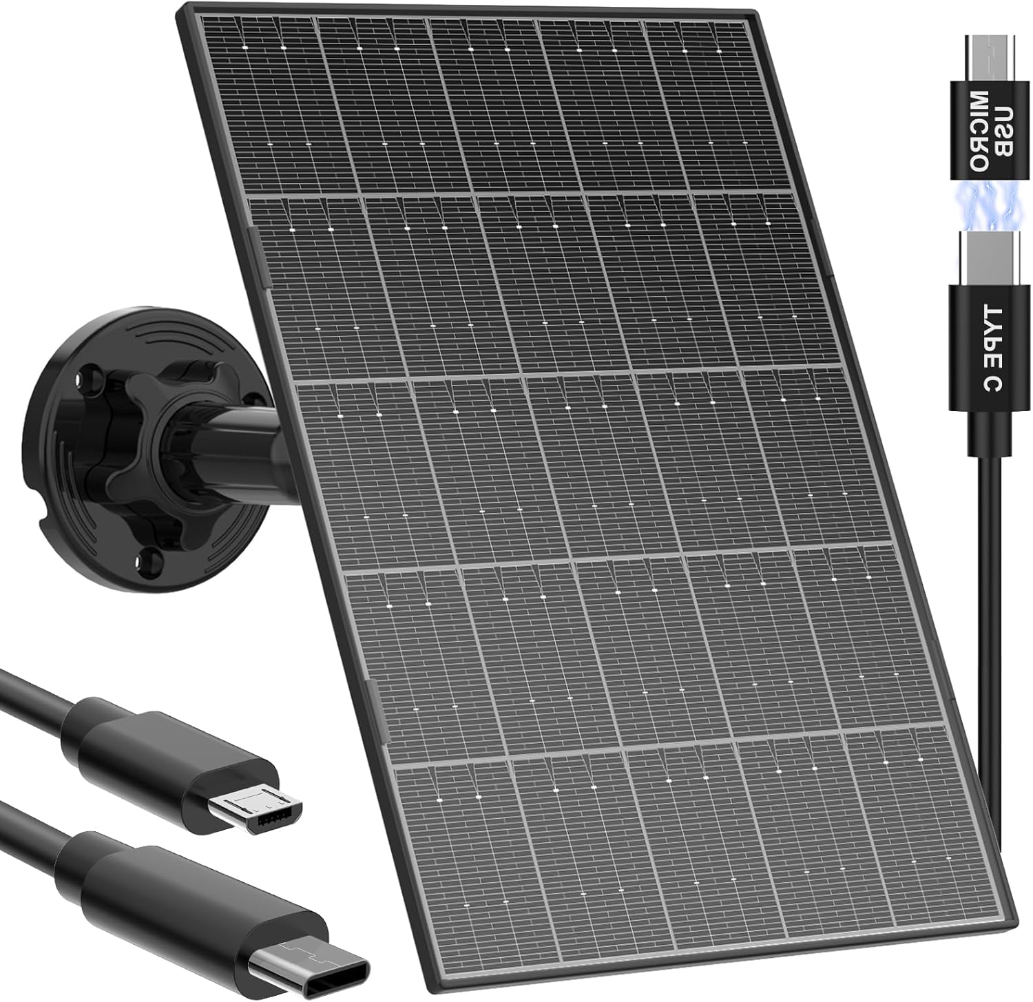 Solar Panel for Security Camera, 8W Solar Panel with Micro USB & USB-C Port for DC 5V Outdoor Rechargeable Battery Camera, IP65 Waterproof, 360° Adjustable Security Mount, 10FT Cable