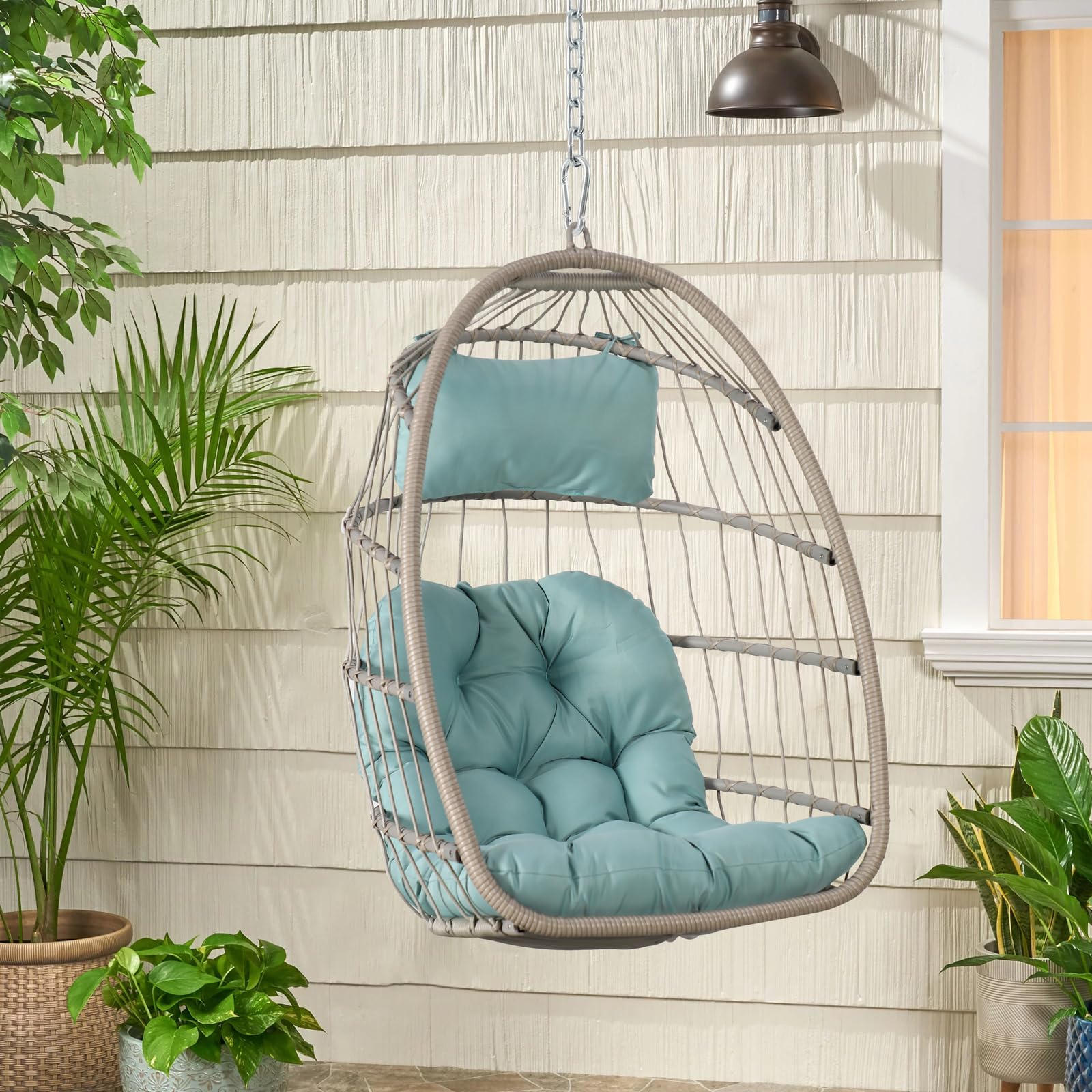 Indoor Outdoor Hanging Egg Chair, Swing Egg Basket Chairs with UV Resistant Cushions 350lbs Capacity for Patio Wicker Backyard Balcony Xmas Gift,Dark Stand, Light Blue