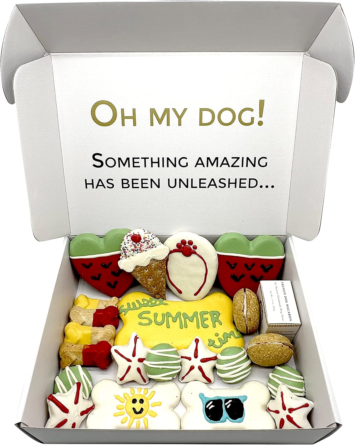 Bonne et Filou Dog Summer Treats Human Grade Gourmet Treats Gift Box 21 Luxury Snacks with Dog Macarons, Truffles & Bone Cookies Healthy Snacks for Small to Large Breeds