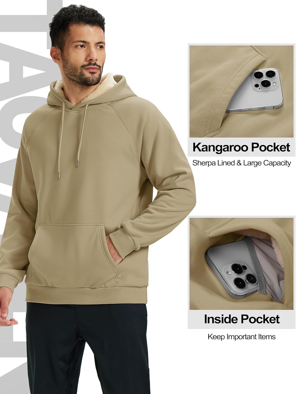 TACVASEN Men's Sherpa Lined Hoodies Pullover Midweight Fleece Winter Warm Athletic Sweatshirts with Kangaroo Pocket - Image 4