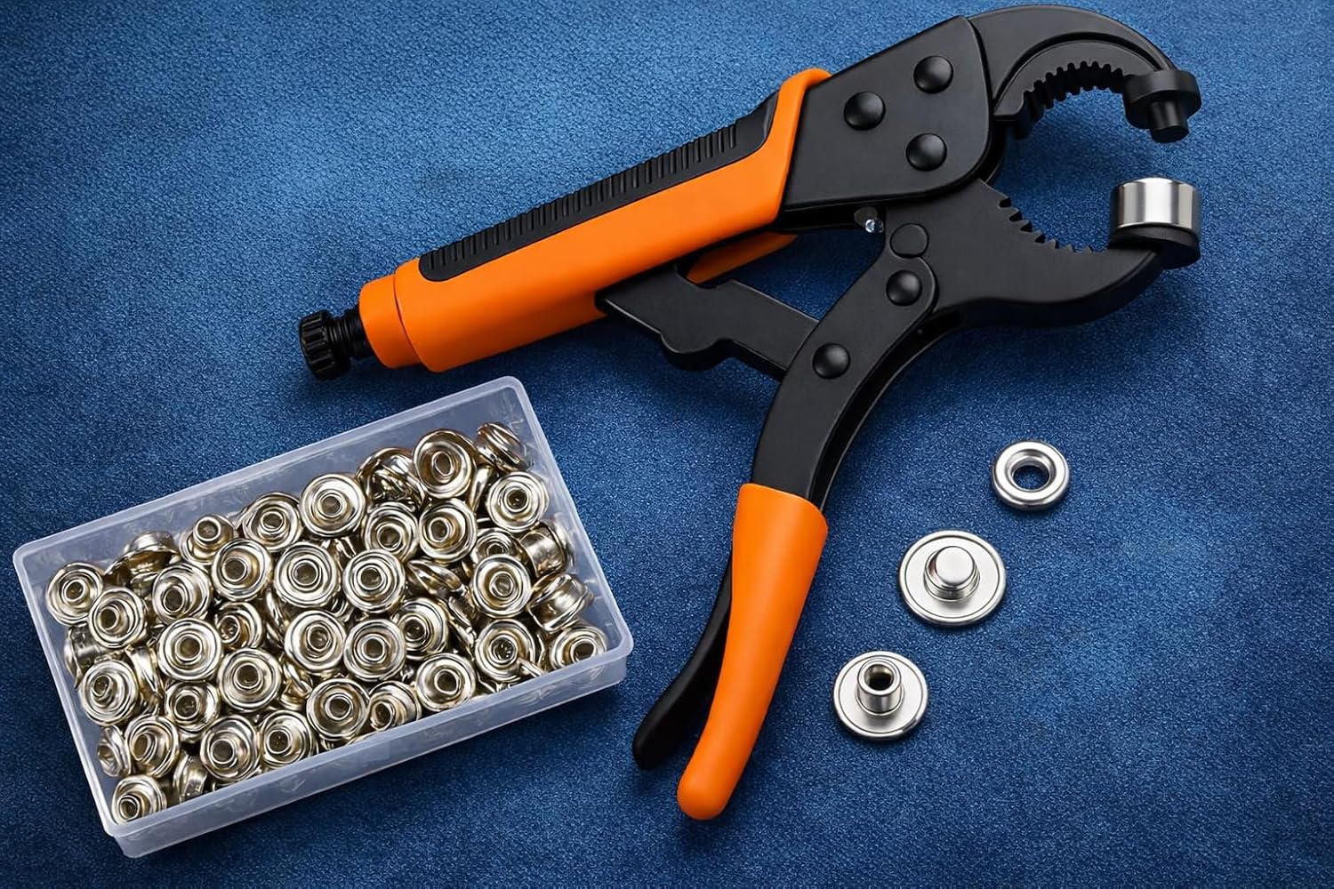 210PCS Stainless Steel Snap Fastener Kit – Silver Snap Buttons with Adjustable Snap Pliers Tool for Canvas, Leather, Boat Covers, Tents & DIY Repairs-Orange