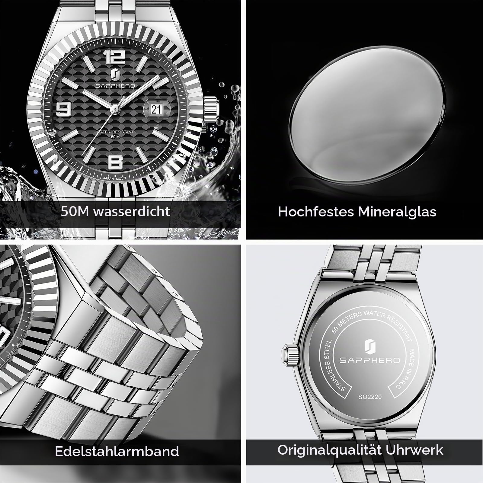 SAPPHERO Herrenuhren Herren-Quarz-Analoguhr Edelstahlarmband mit Datumsfenster Leuchtende Designeruhr 50 m wasserdicht Luxusuhr für Geschäft Arbeit | Wasserdicht bis 30 m, Datumsdesign, Sport, Freizeit, Business, elegant, Geschenk für Herren, Skelettuhr
